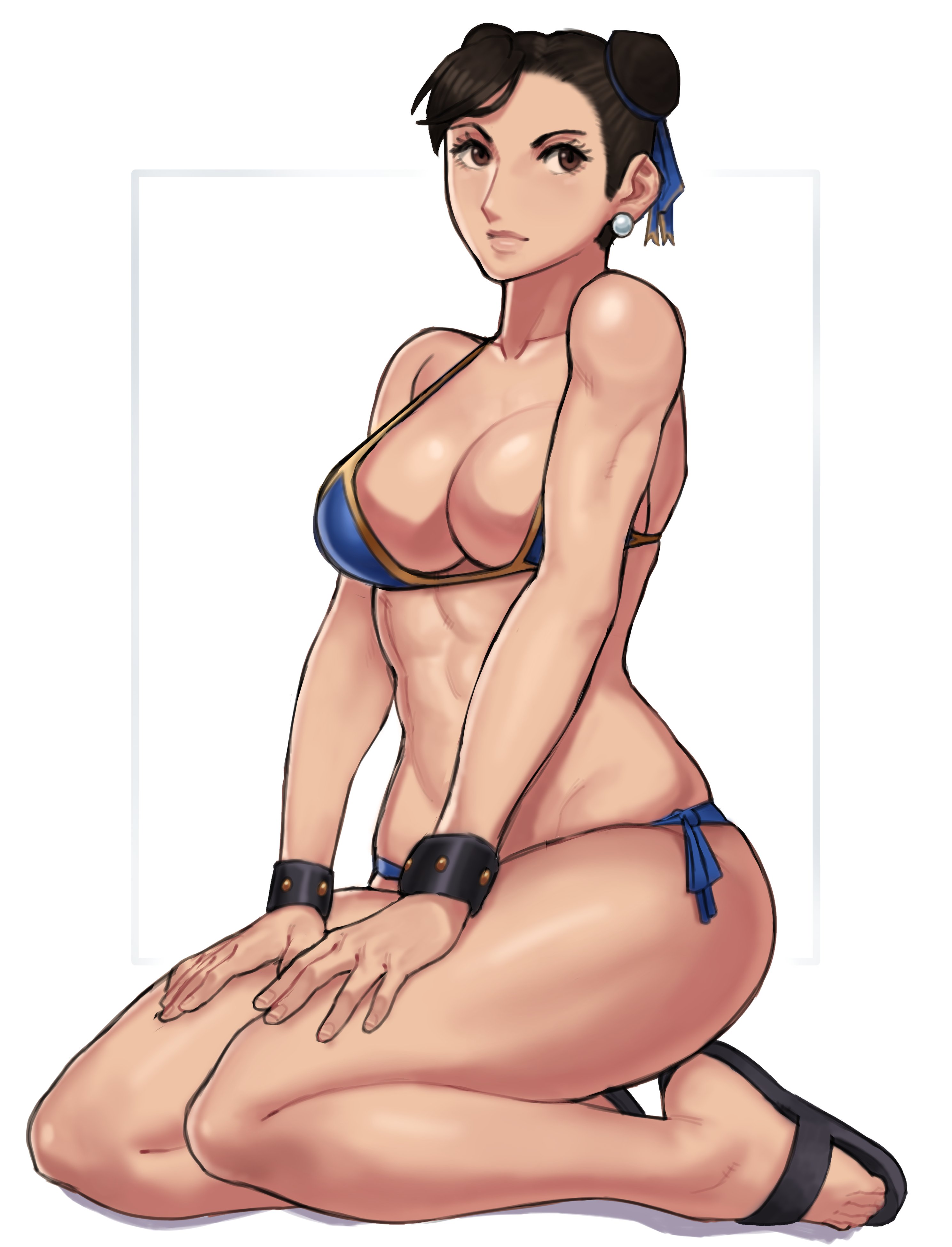 1girls, abs, bikini, breasts, brown eyes, brown hair, chun-li, cleavage, clothed, double bun, female, female only, large breasts, sandals, seiza, sitting, solo, street fighter, studded bracelet, taikolum, thick thighs, toned, toned female