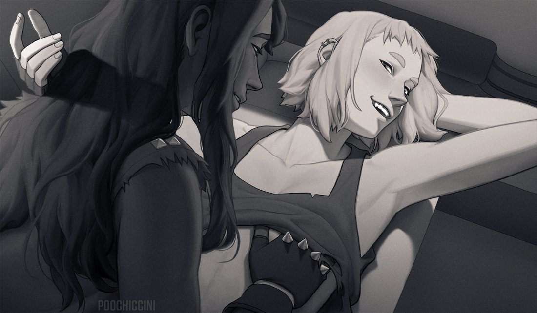 black and white, breasts, crop top, ear piercing, female, fingerless gloves, fondling, fondling breast, human, humanized, long hair, marina (splatoon), monochrome, pearl (splatoon), poochiccini, short hair, splatoon, yuri