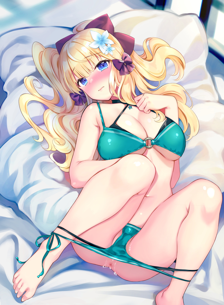 anus aqua_bikini ass bangs bare_shoulders barefoot bikini black_bikini black_bow blonde_hair blue_eyes blush bow breasts cleavage collarbone elf feet female flower hair_flower hair_ornament hairbow highres knees_up large_breasts layered_bikini long_hair looking_at_viewer lying navel on_back on_bed pillow pointy_ears ponytail princess_connect! rei_(rei's_room) saren_(princess_connect!) sidelocks solo swimsuit