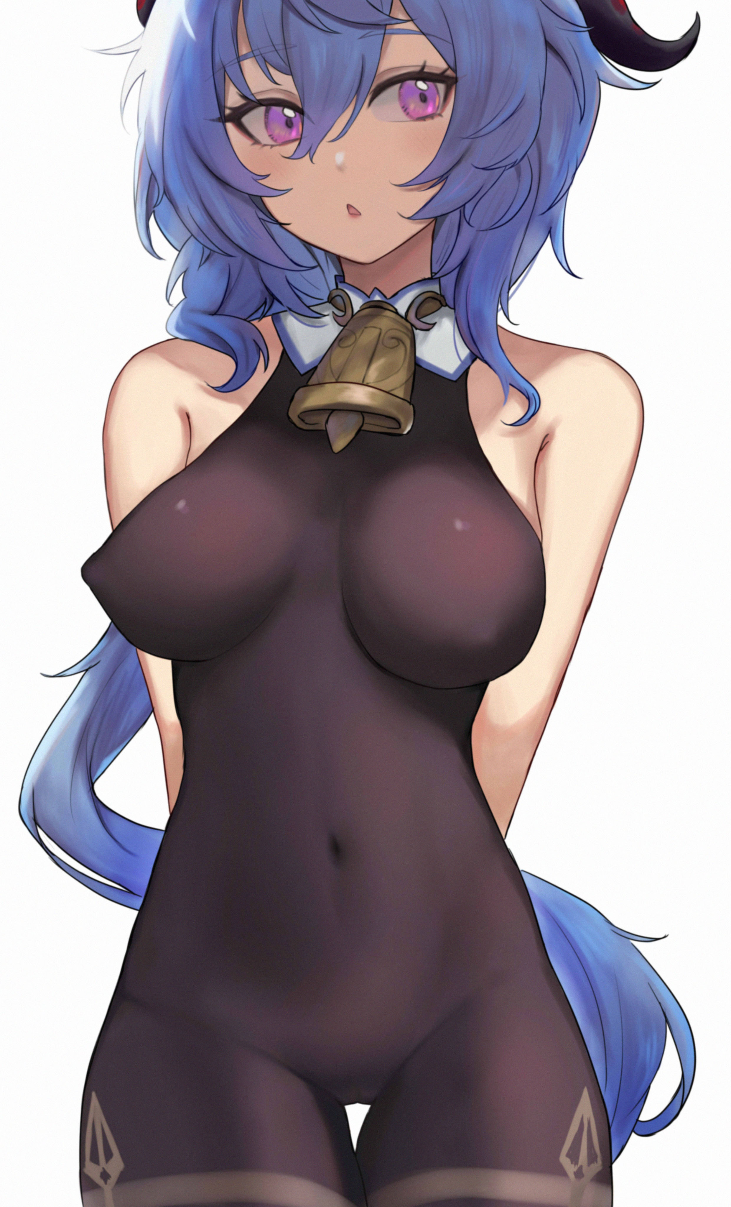 :o, 1girls, absurdres, ahoge, arms behind back, bare shoulders, bell, black bodysuit, blush, bodysuit, breasts, cameltoe, covered erect nipples, covered navel, cowbell, cowboy shot, female, ganyu (genshin impact), genshin impact, goat horns, highres, horns, long hair, low ponytail, medium breasts, miyayosh, open mouth, purple eyes, pussy, simple background, skin tight, solo, white background