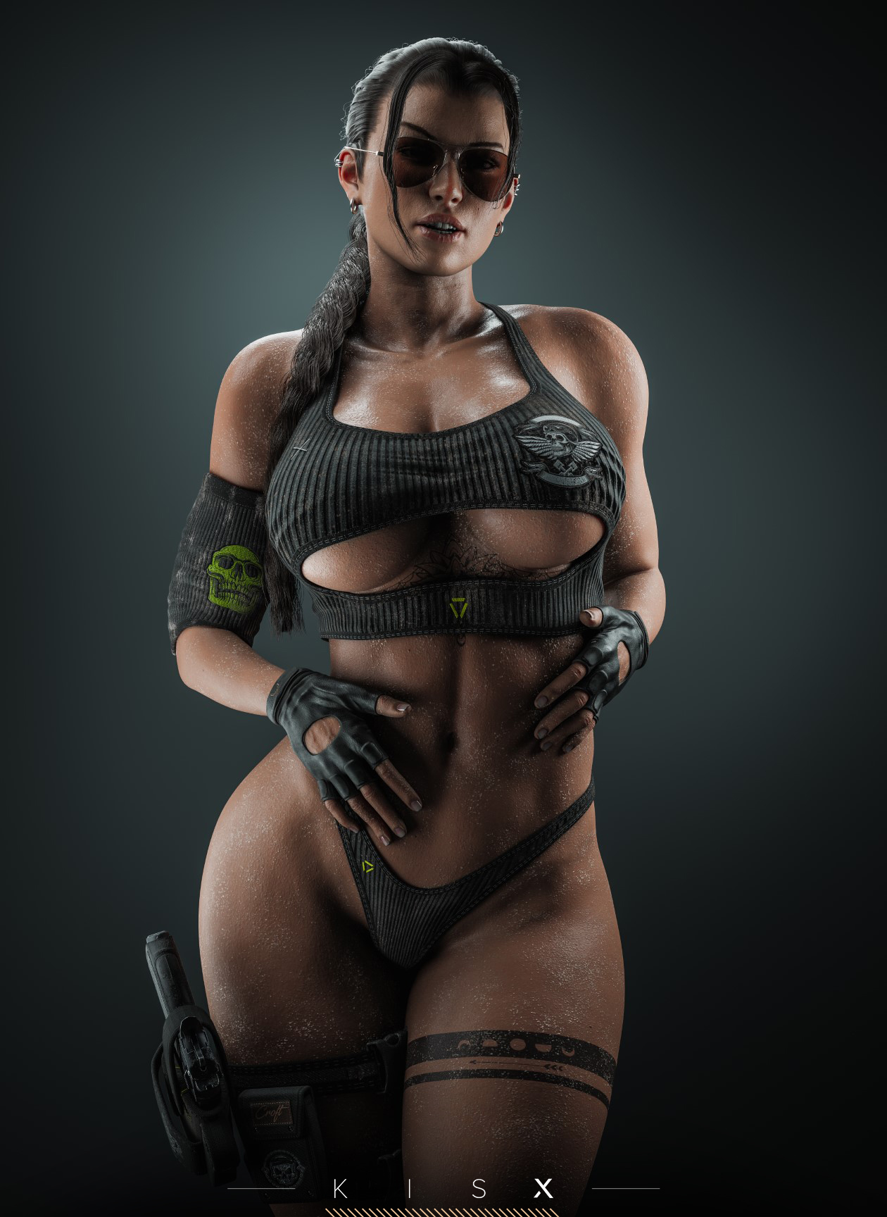 1girls, 3d, abs, aviator sunglasses, big breasts, blender, breasts, female, kisxsfm, lara croft, lara croft (survivor), large breasts, looking at viewer, muscles, muscular, muscular female, piercing, signature, simple background, sunglasses, tattoo, text, thick thighs, thong, tinted eyewear, tomb raider, tomb raider (survivor), wide hips