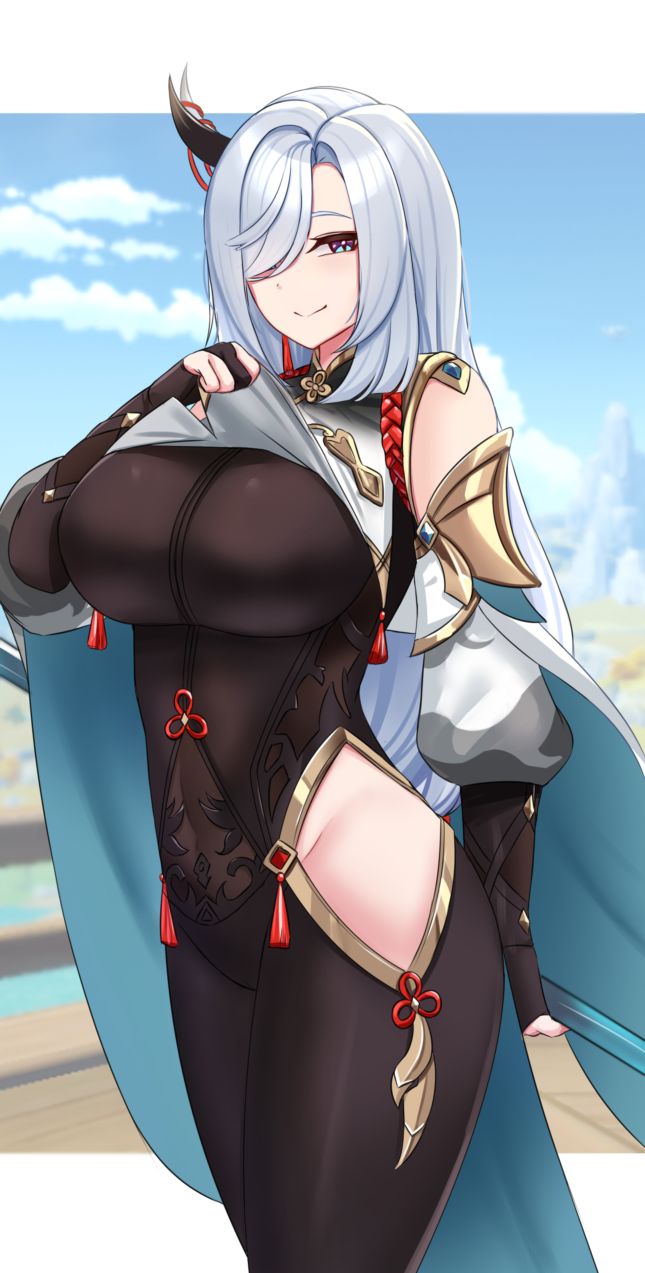1girls, absurd res, blue eyes, bodysuit, breast curtains, breasts, busty, covered navel, female, genshin impact, hair over one eye, hi res, hip vent, large breasts, looking at viewer, milf, shenhe (genshin impact), skin tight, smile, thick thighs, white hair