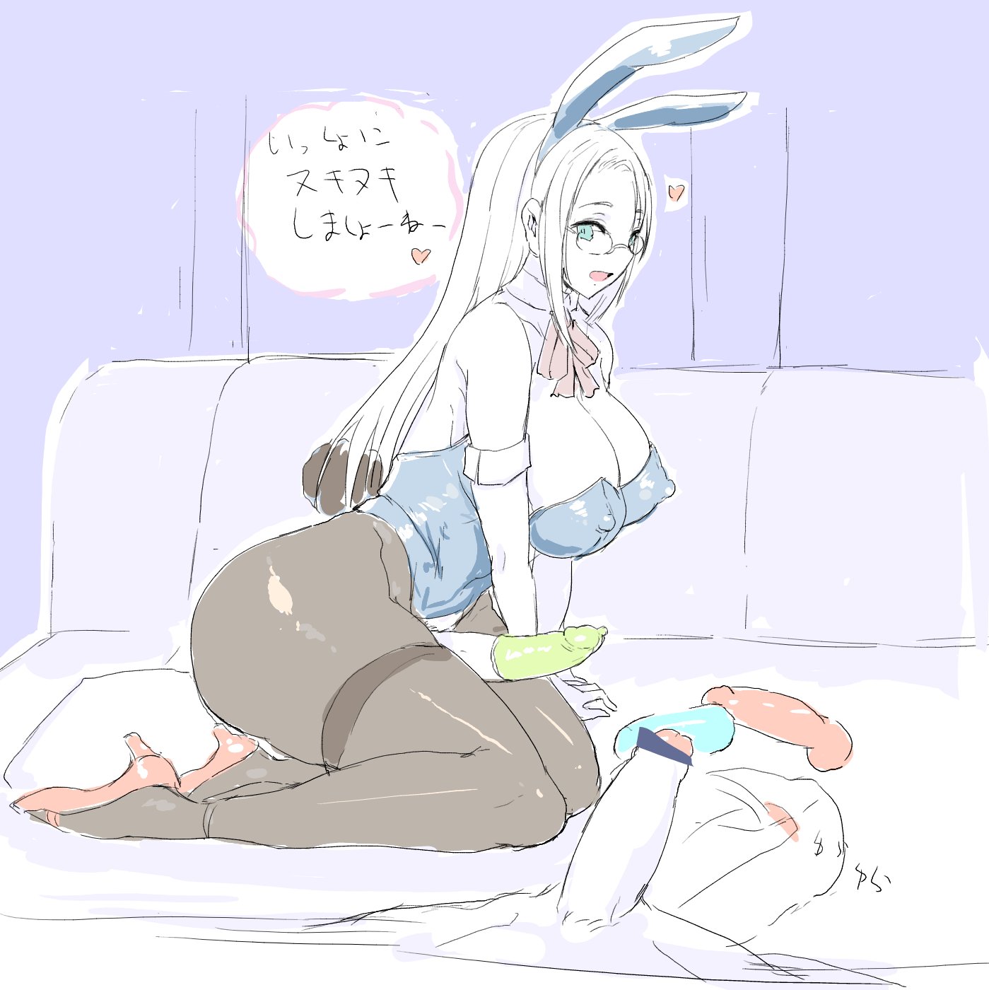 1boy, 1futa, big breasts, big penis, breasts, bunnysuit, clothed, clothing, color, condom, dialogue, erection, futa focus, futanari, high heels, human, intersex, japanese text, kneeling, male, mostly clothed, penis, sitting, sketch, solo focus, tagme, text, ubanis