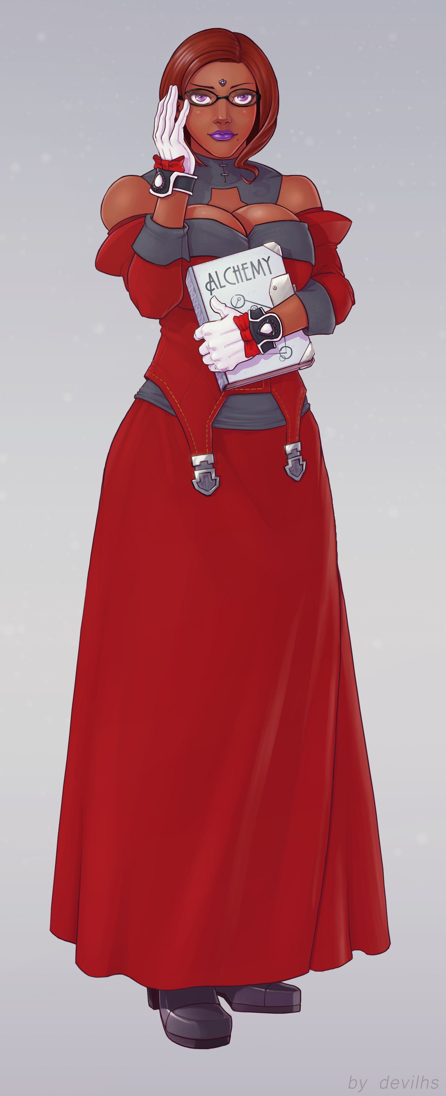 1girls, big breasts, book, breasts, brown skin, dark skin, dark-skinned female, devil hs, dress, exposed shoulders, female, female only, final fantasy, final fantasy xiv, forehead jewel, glasses, gloves, lipstick, milf, mole, mole under mouth, purple eyes, push-up, pushing breasts together, red hair, roegadyn, short hair, skirt, solo, solo female, soothing ruby, square enix, standing