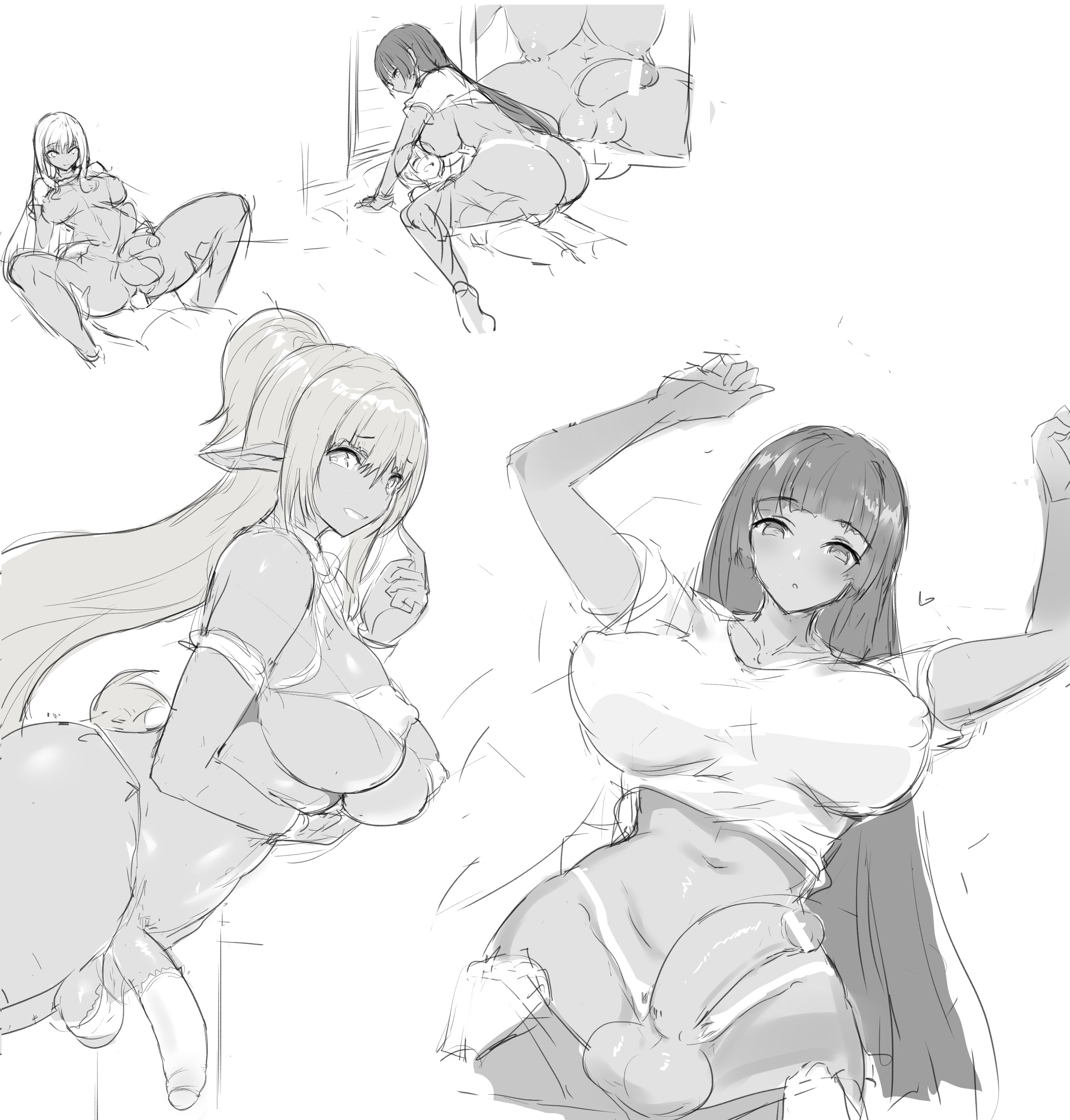2futas, balls, bangs, big balls, big breasts, big penis, black hair, breasts, censored, clothed, clothing, dark skin, dark-skinned futa, duo focus, elf, erection, futa focus, futanari, human, humanoid, humanoid penis, intersex, long hair, monochrome, mostly nude, partially clothed, penis, ponytail, sketch, sketch page, ubanis