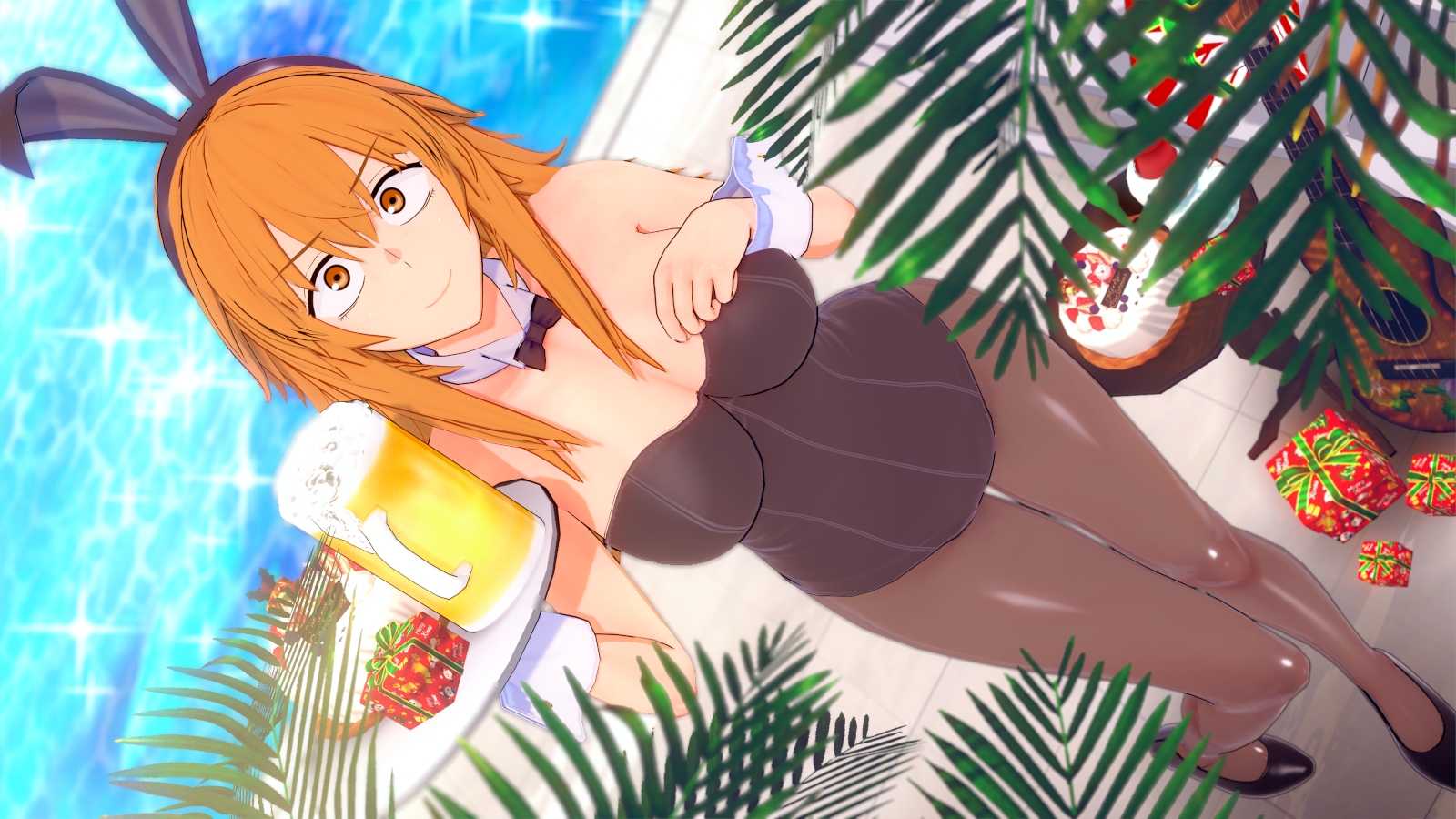 1girls, 3d, beer, big breasts, breasts, bunny ears, bunny girl, bunnysuit, cleavage, clothed, clothing, female, female focus, female only, gamo-chan, long hair, looking at viewer, lowres, orange eyes, orange hair, please don't bully me, nagatoro, pool, poolside, pose, red hair, revealing clothes, smile, solo, tight clothing, yossy-g