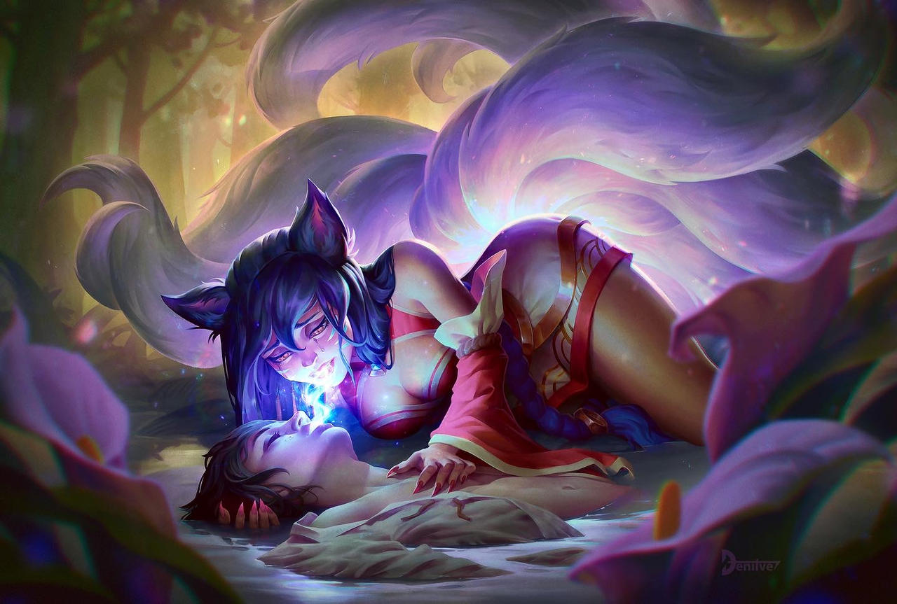 1boy 1girls 9_tails ahri animal_ears animal_girl animal_humanoid big_breasts black_hair breasts clothing cradling crying death denilve draining draining_energy draining_life energy_drain facial_markings female female_killer fluffy fluffy_ears fluffy_tails forest fox fox_ears fox_girl fox_humanoid fox_tail fox_tails fur furry_ears furry_tail hand_behind_head hand_on_chest humanoid kemonomimi large_breasts league_of_legends light-skinned_female light-skinned_male light_skin long_hair magic male male/female male_death male_victim multi_tail multiple_tails nine_tailed_fox riot_games sad sharp_fingernails slit_pupils soul sucking tail tears vastaya video_games yellow_eyes