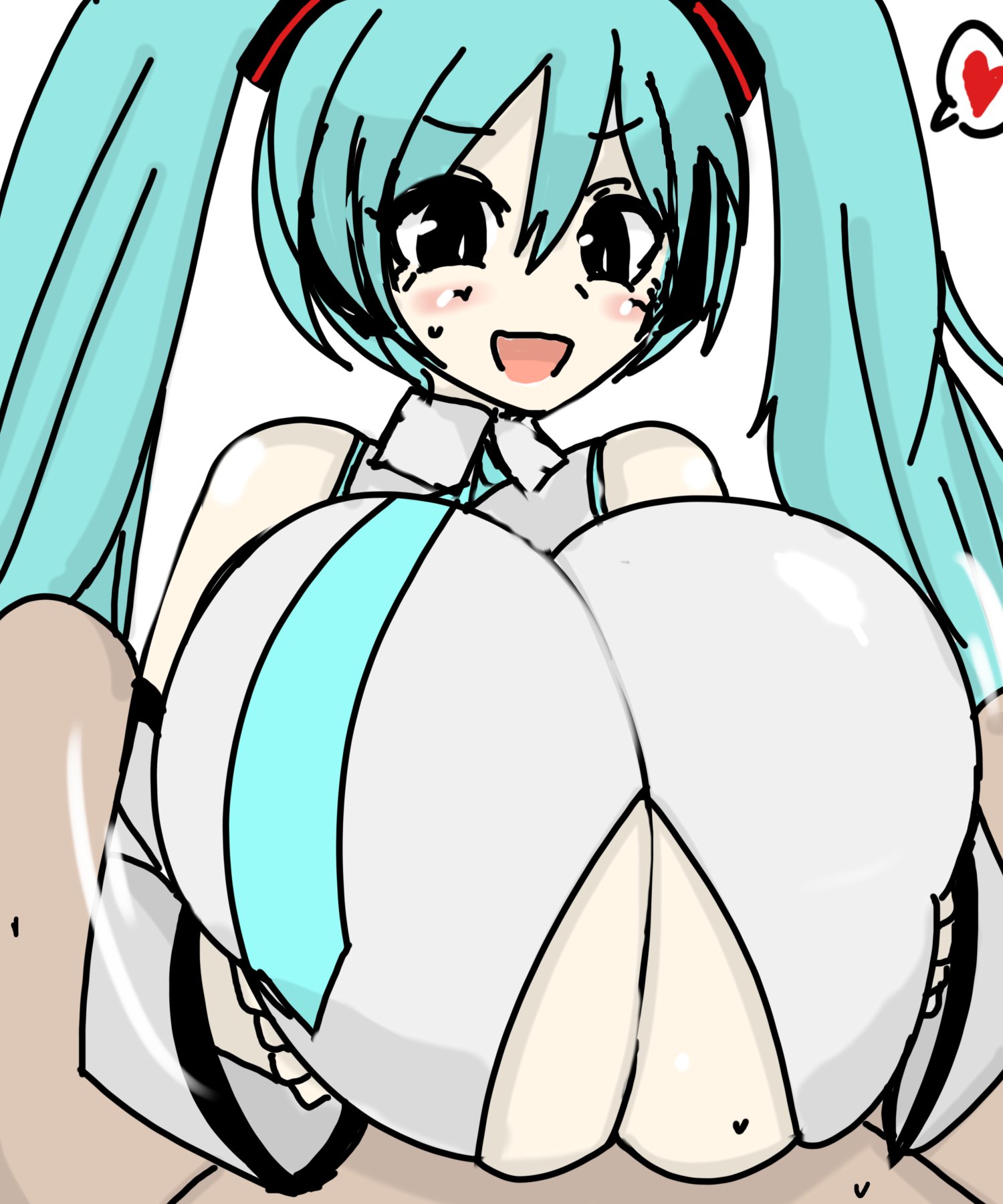 1boy, 1girl, 1girls, alternate breast size, aqua hair, big breasts, bimbo, blue hair, blush, breast grab, breast hold, breasts, breasts squeezed together, breasts together, color, detached sleeves, engulfing paizuri, female, female focus, gigantic breasts, hatsune miku, heart, hetero, huge breasts, hyper breasts, large breasts, long breasts, long hair, love heart, male, massive breasts, necktie, open mouth, paizuri, paizuri lead by female, paizuri on lap, paizuri under clothes, small but busty, smile, solo focus, spoken heart, straight, sweat, turquoise hair, twintails, underboob, vaba, vocaloid, white background
