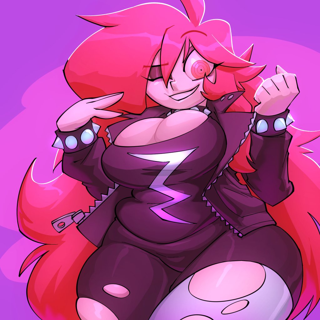 belly, big breasts, bigdad, breasts, dark clothing, fanart, female, gift art, original, red eyes, red hair, smug, smug face, tight clothing, toon michaela, toxicsoul77, wide hips