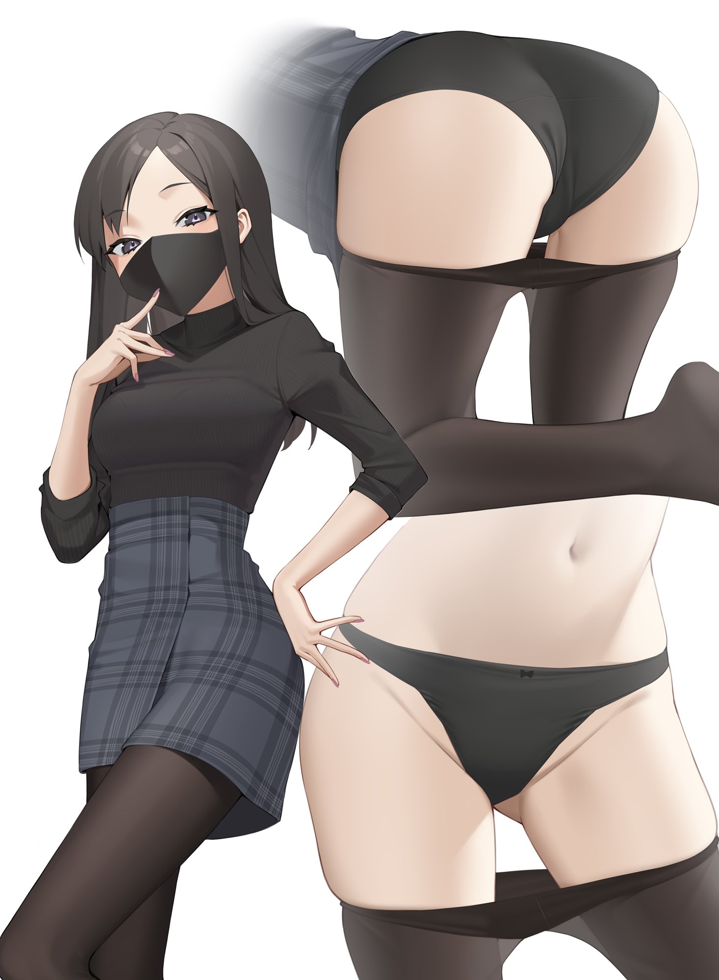 1girls, ass, bangs, black eyes, black legwear, black panties, black shirt, black skirt, blush, bow, bow panties, breasts, clothes pull, cowboy shot, eyebrows visible through hair, female, grey background, groin, hand on hip, hand up, highres, kuen (kuennn12), long hair, long sleeves, looking at viewer, mask, medium breasts, mouth mask, multiple views, nail polish, navel, oerba yun fang, original, panties, pantyhose, pantyhose pull, parted bangs, plaid, plaid skirt, red nails, shirt, shirt tucked in, simple background, skirt, underwear