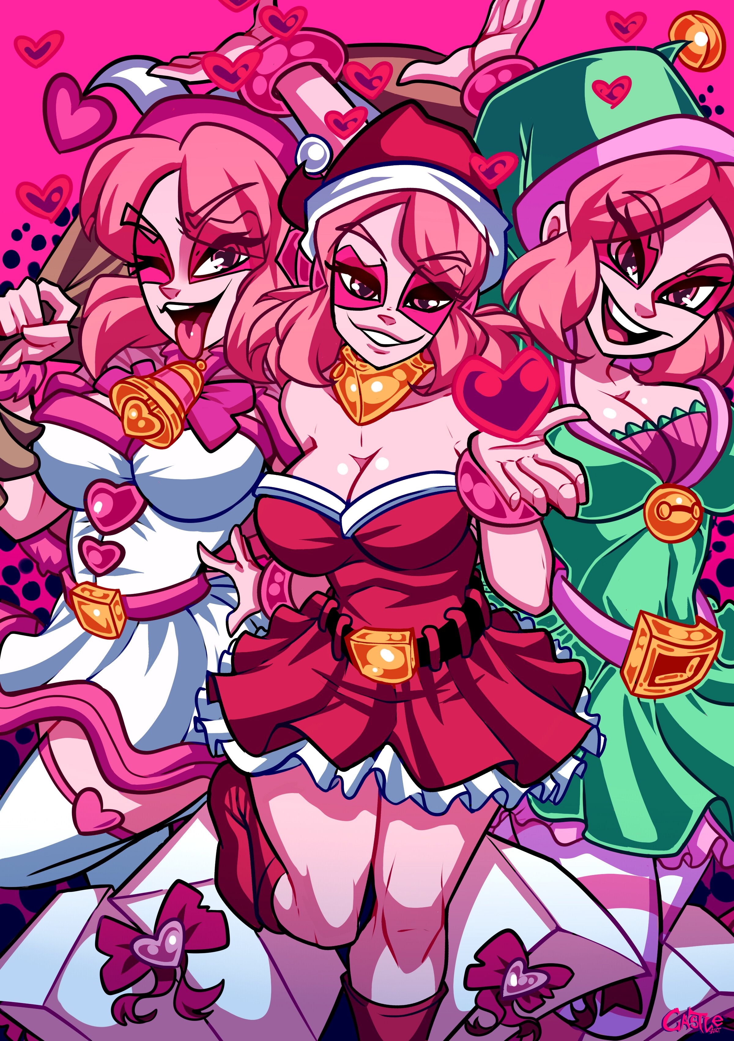 3girls, big breasts, breasts, cartoon network, castleart, christmas outfit, clothing, costume, female, female only, miss heed (villainous), multiple females, multiple girls, pink body, pink hair, solo, tagme, villainous