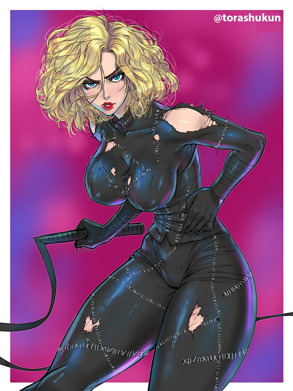 1girls batman_(series) batman_returns big_breasts blonde_hair blue_eyes breasts catwoman catwoman_(michelle_pfeiffer) dc dc_comics female female_only lipstick michelle_pfeiffer selina_kyle solo solo_female thunder_thighs tim_burton torashu-kun torn_bodysuit torn_clothes whip