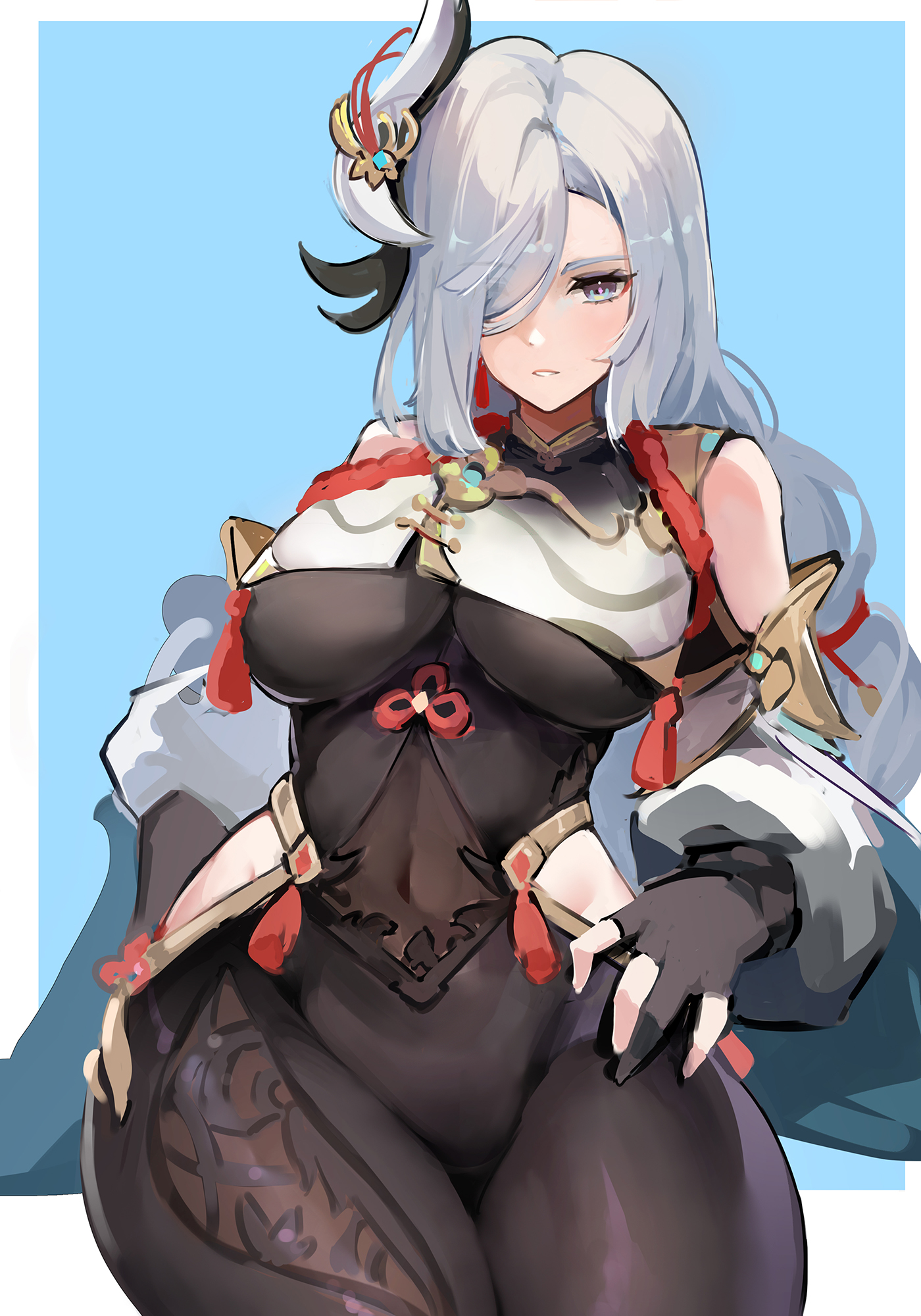 1girls, big breasts, blue eyes, breast curtains, breasts, curvy, curvy figure, female, female only, genshin impact, hair ornament, jingshan, large breasts, long hair, looking at viewer, shenhe (genshin impact), solo, solo female, thick, thick thighs, voluptuous, white hair, wide hips
