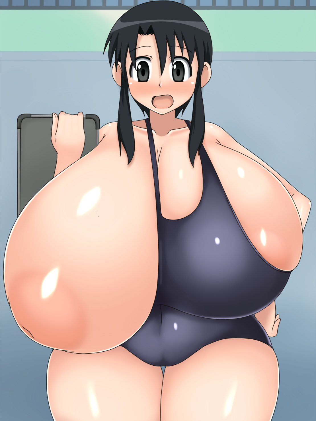 1girls, alternate breast size, areolae, azumanga daiou, big breasts, black eyes, black hair, blush, borscht, breast slip, breasts, clipboard, collarbone, eyebrows visible through hair, female, female only, gigantic breasts, hand on hip, holding, holding clipboard, holding object, huge breasts, inverted nipples, nipples, nyamo minamo kurosawa, one-piece swimsuit, open mouth, short hair, solo, solo female, standing, swimsuit, teacher, thick thighs, voluptuous