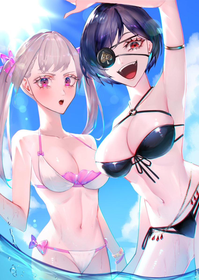 2girls, black clover, black hair, eye patch, female, female only, multiple females, multiple girls, noelle silva, purple eyes, red eyes, royal, short hair, silver hair, swimsuit, twintails, vanica zogratis, water