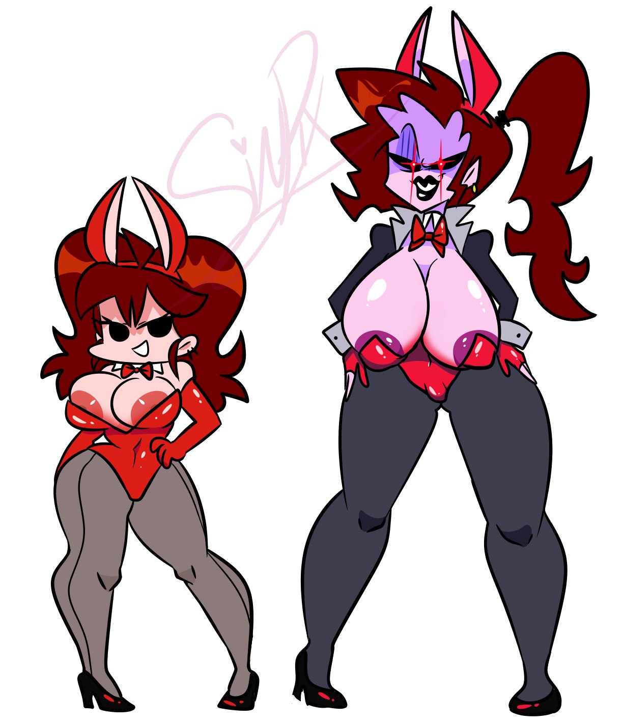 1girls, aged up, big breasts, breasts, bunnysuit, female, female only, friday night funkin, girlfriend (friday night funkin), high heels, huge breasts, long hair, looking at viewer, mommy mearest, mother and daughter, pixelzsinful, ponytail, size difference, small breasts
