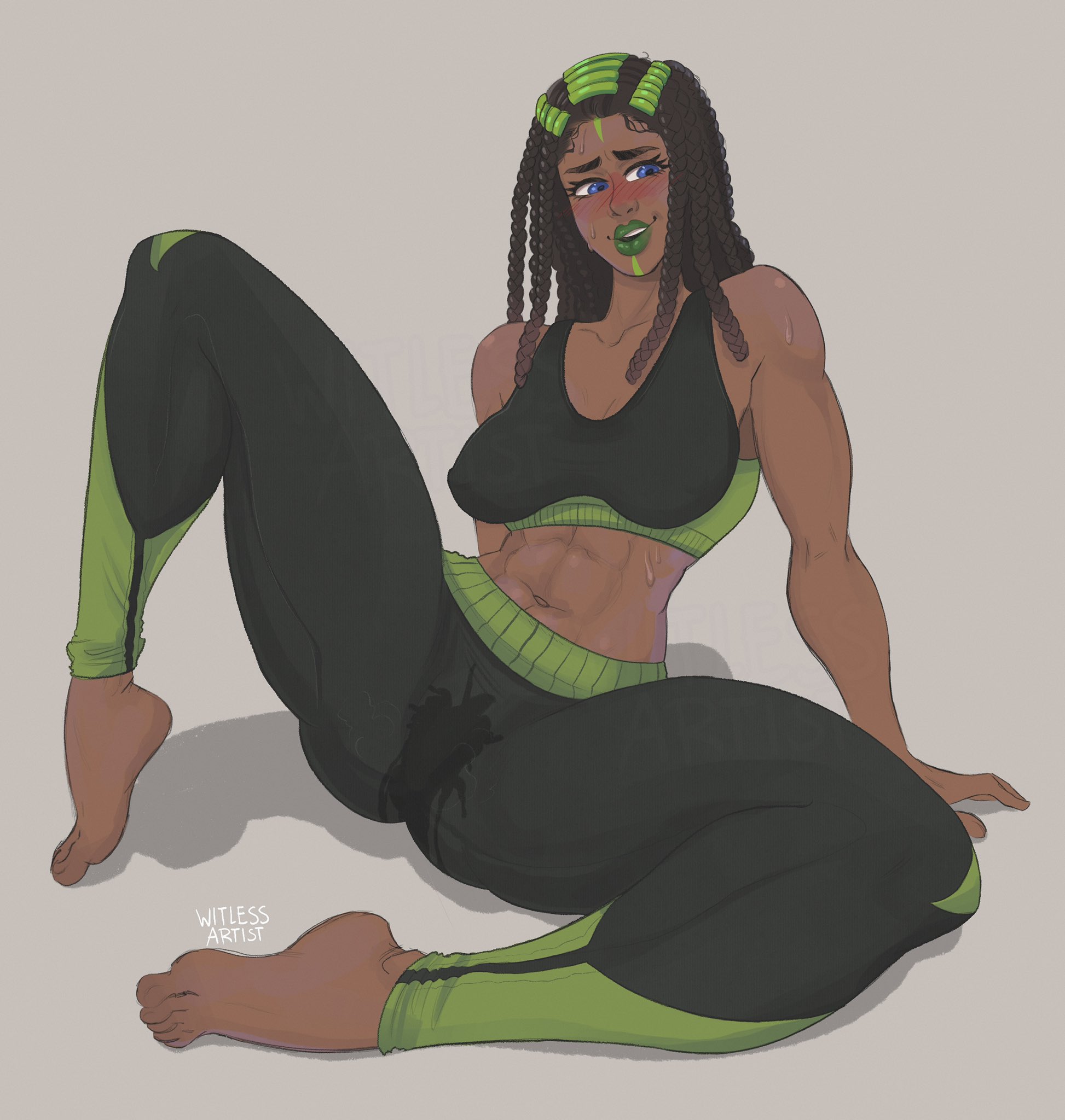 1girls, barefoot, blue eyes, dark skin, dark-skinned female, ermes costello, feet, female, jojo's bizarre adventure, latina, pubic hair, pussy, pussy juice through clothing, stone ocean, sweat, sweaty body, sweaty genitalia, witlessartist