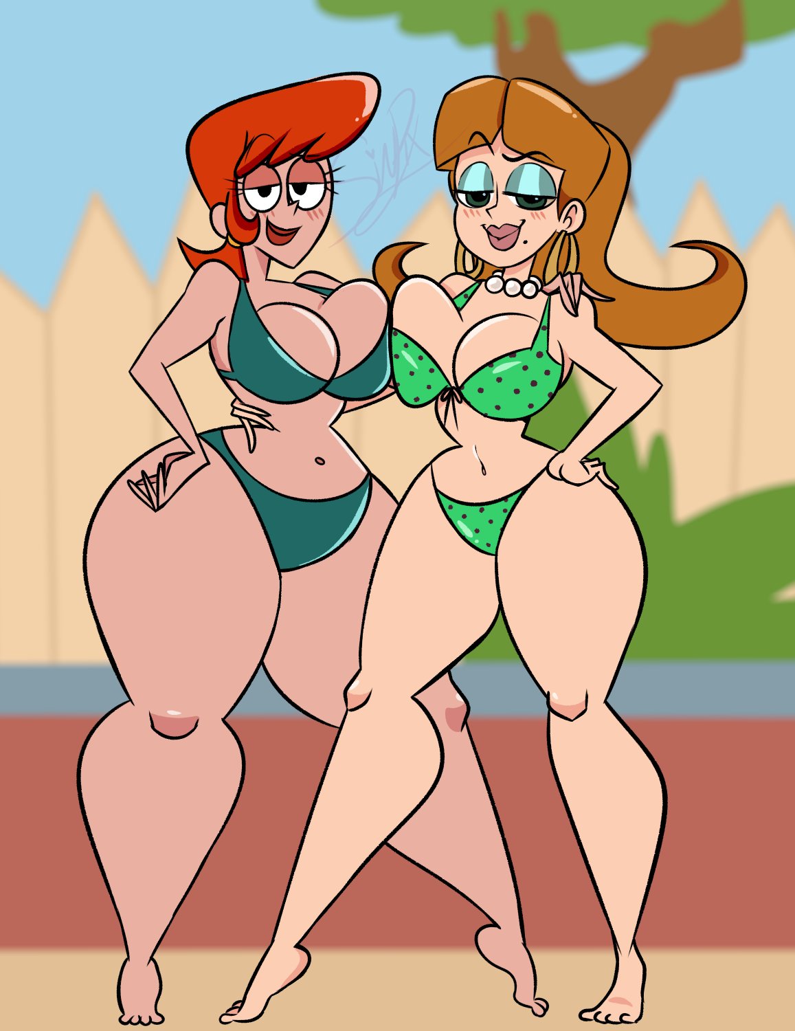 2girls beauty_mark big_breasts bikini blush bottom_heavy breasts brown_hair cartoon_network collar crossover dexter's_laboratory dexter's_mom females females_only huge_breasts jimmy_neutron_boy_genius judy_neutron large_breasts looking_at_viewer mature_female milf mole_under_mouth mother multiple_girls nickelodeon pixelzsinful red_hair straight_hair thick_thighs wide_hips