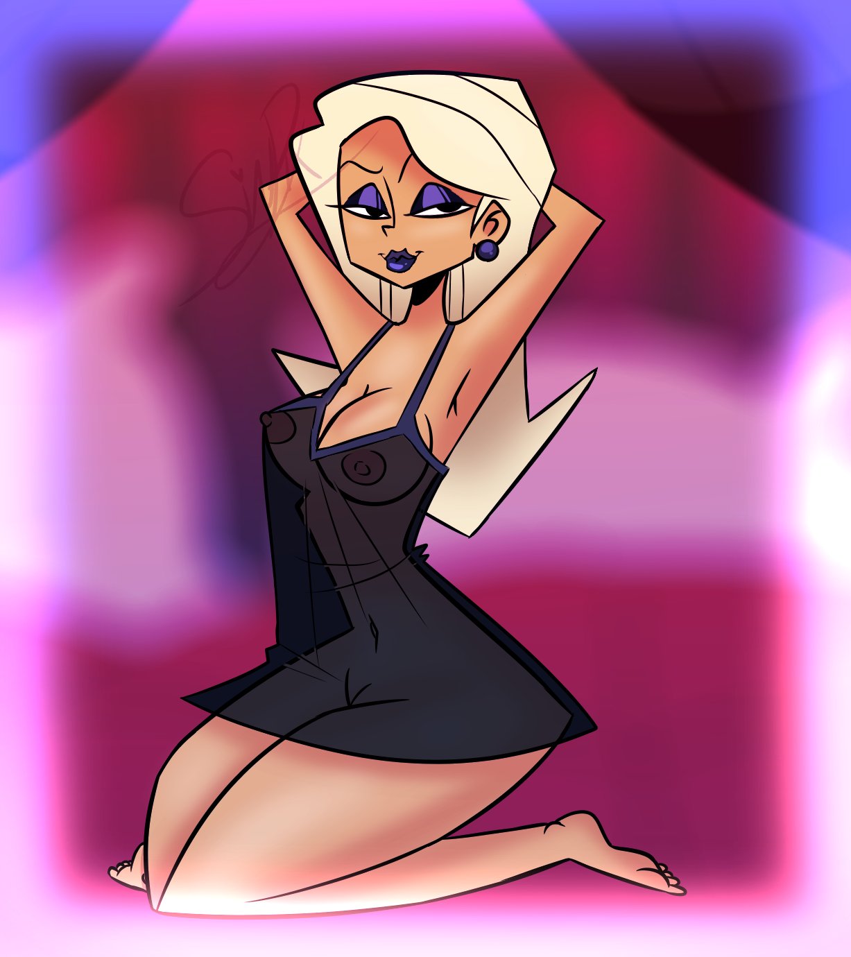 agent_k arms_behind_back arms_behind_head blonde_hair camisole female female_focus female_only long_hair looking_at_viewer mature_female nightgown nipples_visible_through_clothing pixelzsinful seductive seductive_look the_replacements