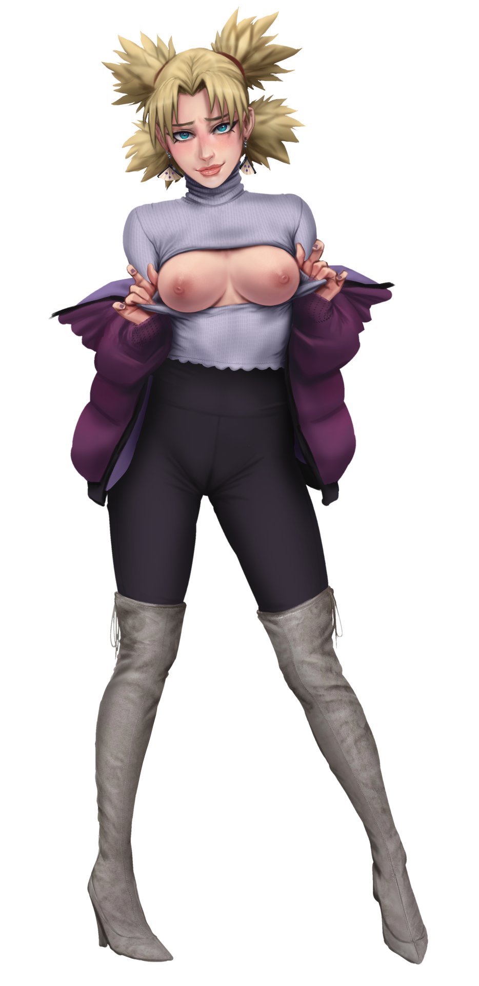 1girls, alternate costume, blonde hair, blush, boots, breasts, breasts out, cutout, earrings, female, front view, full body, hpencil, jacket, leggings, looking at viewer, medium breasts, nail polish, naruto, naruto (series), naruto shippuden, no bra, open clothes, pants, presenting, presenting breasts, quad tails, smile, standing, teal eyes, temari, thigh boots, tied hair, turtleneck