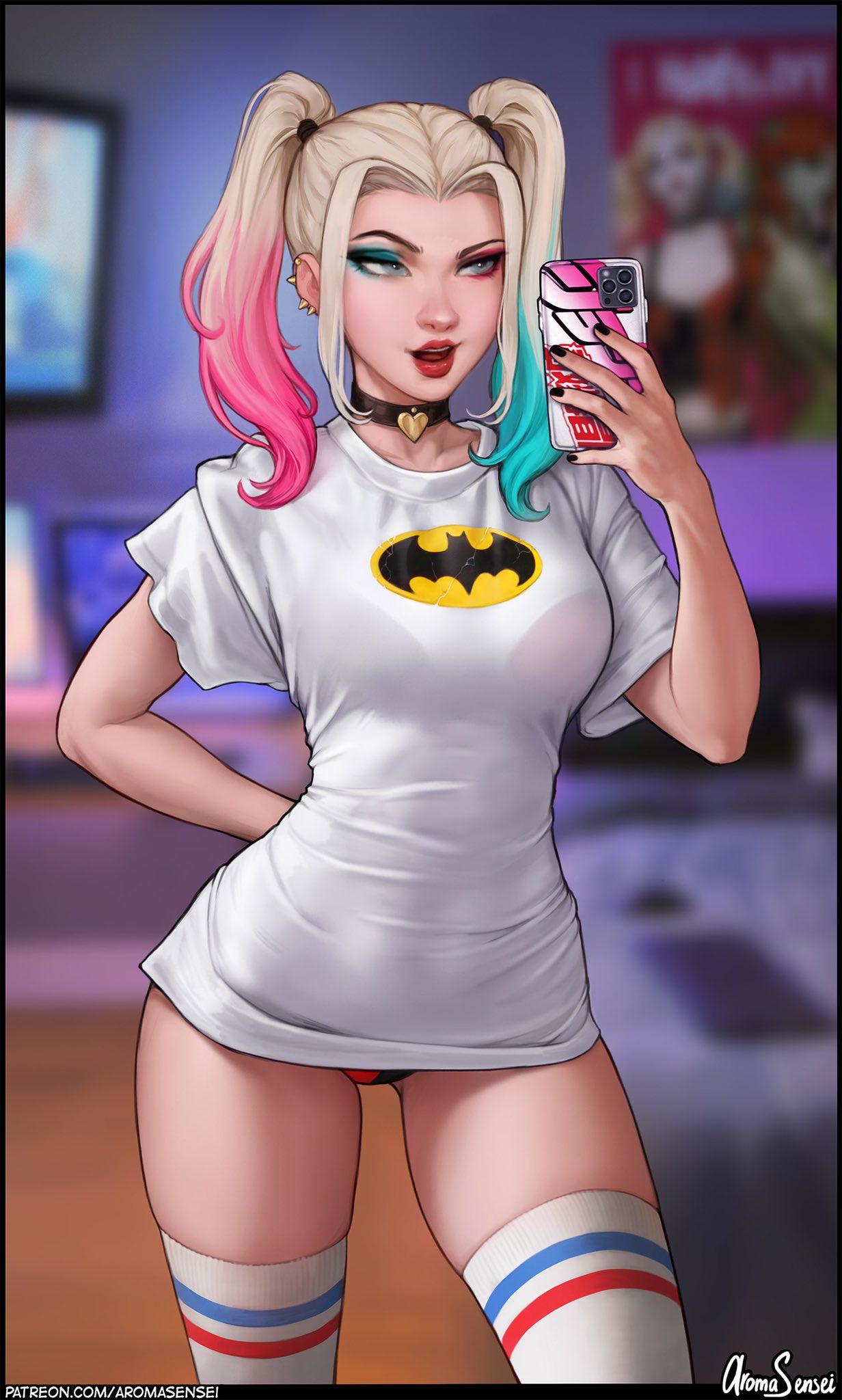 1girls, aroma sensei, batman (series), dc, dc comics, ear piercing, female, female only, fully clothed, harley quinn, harley quinn (series), hourglass figure, lipstick, panties, selfie, solo, suicide squad, thick lips, thick thighs, thighhighs, wide hips