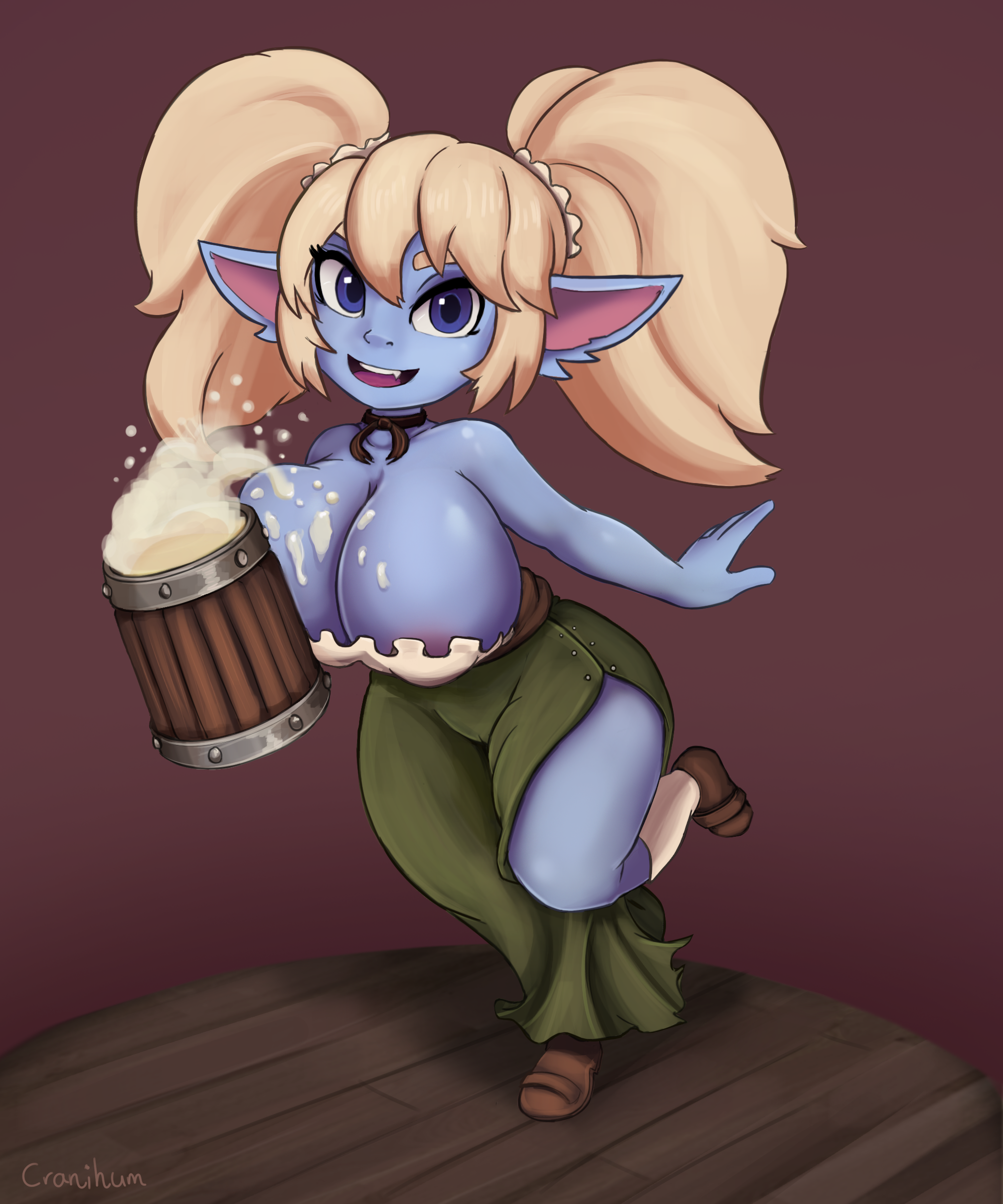 areola slip, areolae, barmaid, bartender, beer, big breasts, blonde hair, blue skin, breasts, cranihum, female, league of legends, looking at viewer, nipple bulge, pinup, poppy, purple eyes, riot games, running, shortstack, skirt, smiling, thick thighs, twintails, wet, yordle