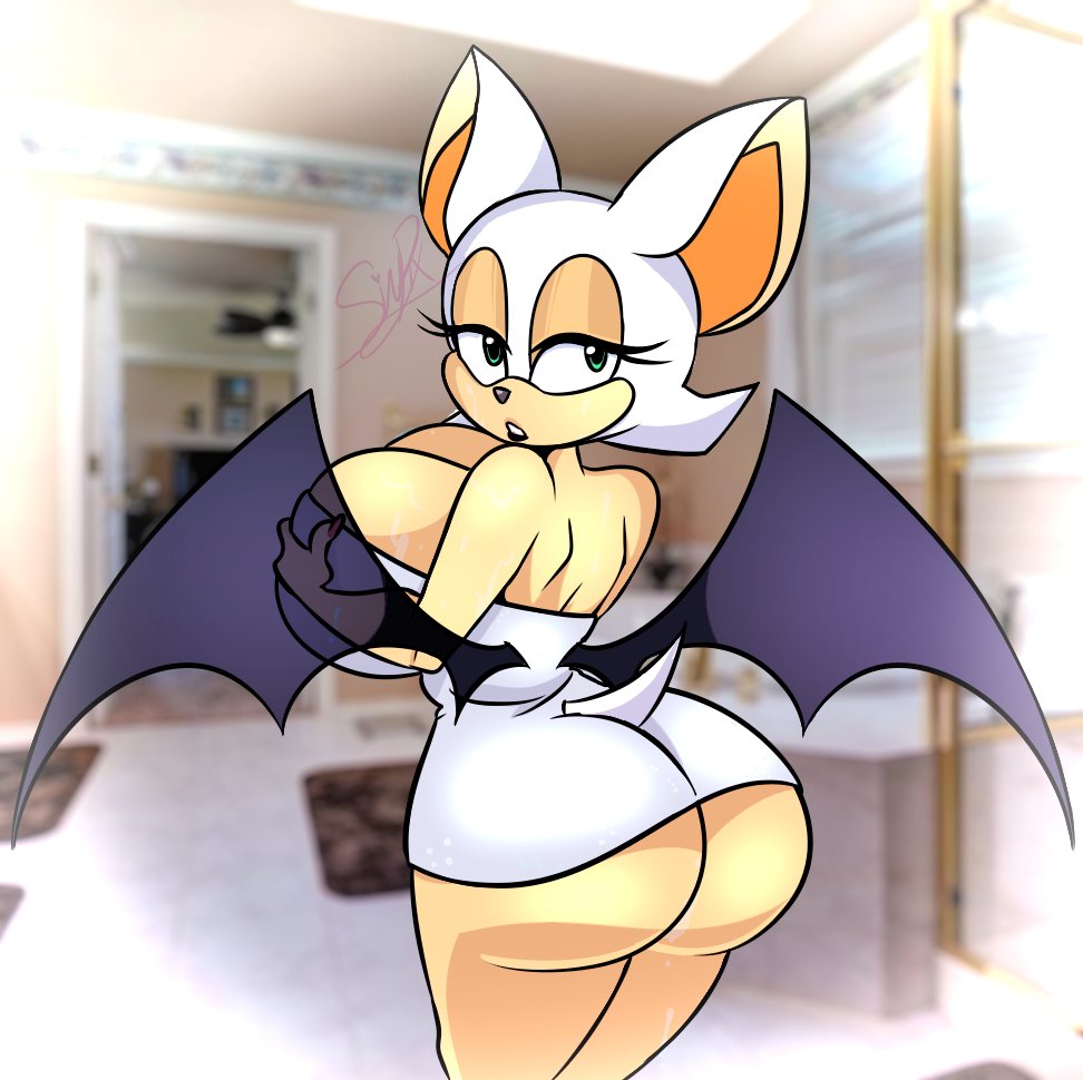 1girls, anthro, ass, back, back view, bat wings, big ass, big breasts, big butt, breasts, female, female focus, female only, green eyes, huge breasts, humanoid, looking back, pixelzsinful, rouge the bat, sonic (series), sonic the hedgehog (series), towel, white hair