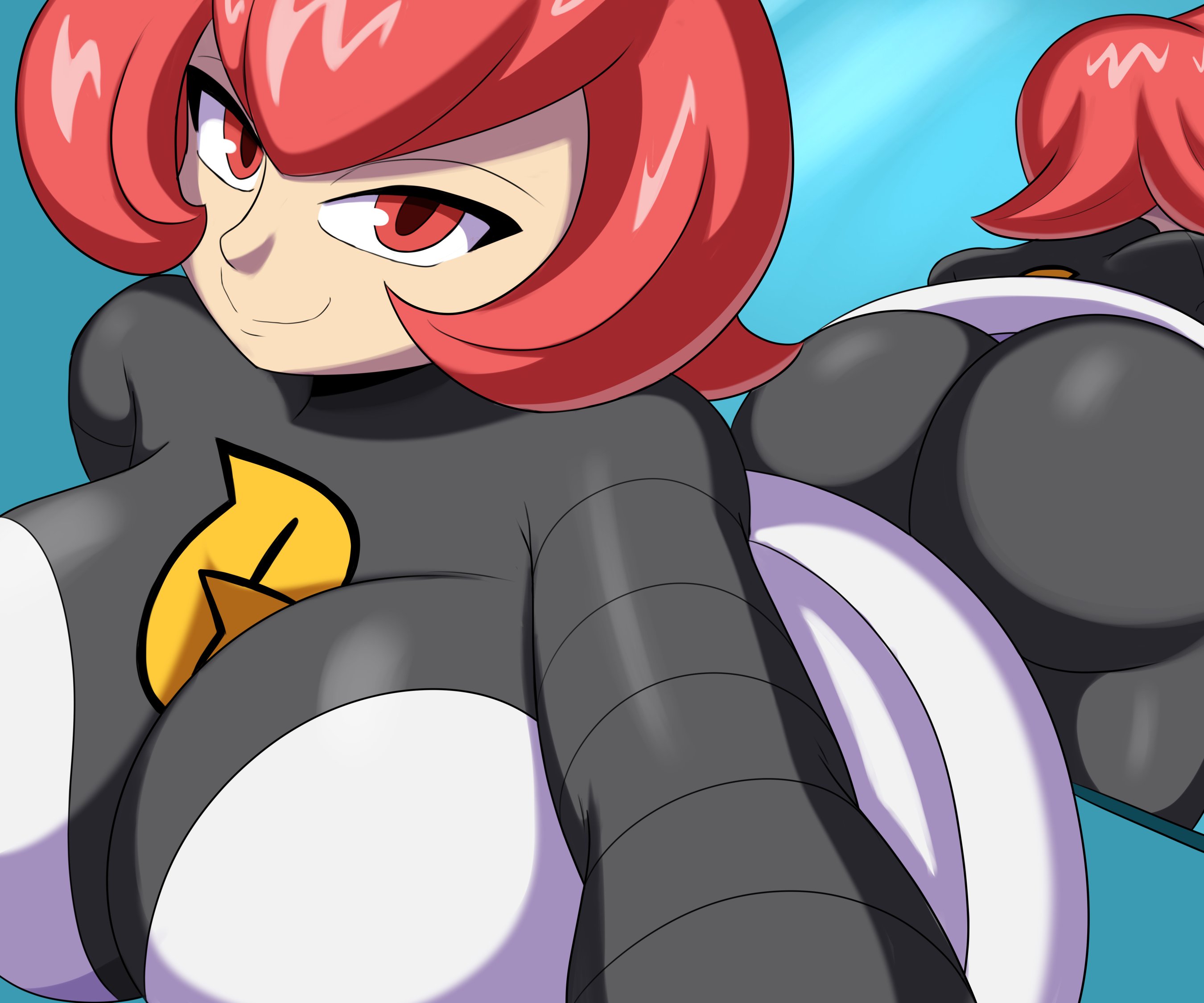 1girls, ass, big ass, big breasts, bodysuit, breasts, clothed, clothed female, female, female only, human, human only, large ass, large breasts, looking at viewer, mars (pokemon), mechspazer, mirror, nintendo, pokemon, pokemon dppt, red eyes, red hair, reflection, selfie, short hair, skin tight, skirt, smile, solo, solo female, team galactic, uniform