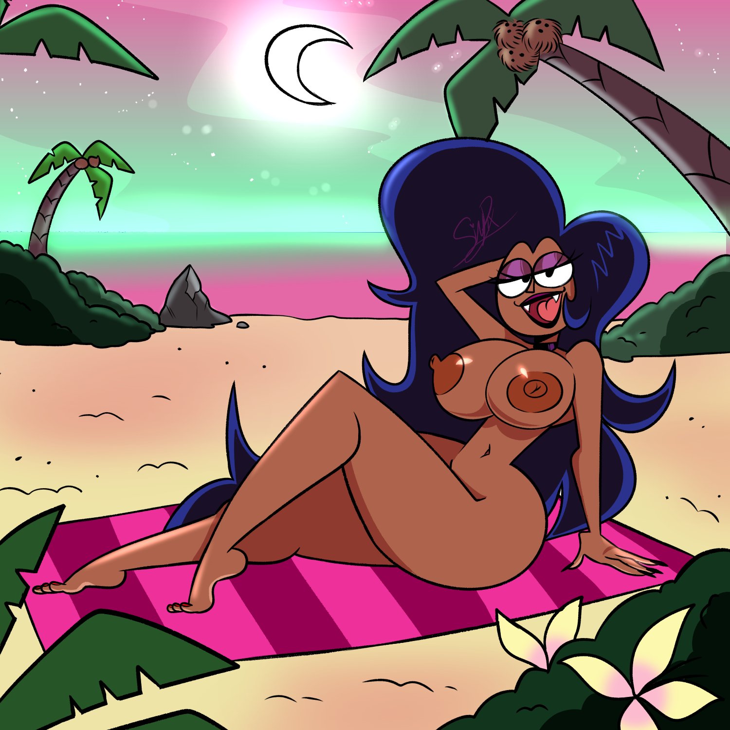 1girls, alternate version available, beach, black hair, breasts, completely nude, dark skin, dark-skinned female, female, female only, huge breasts, long hair, looking at viewer, mature female, milf, mother, naked, nude, ok k.o.! let's be heroes, pixelzsinful, wilhamena