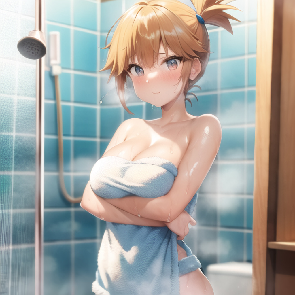 ai generated, asymmetrical hair, back, blush, breasts, completely nude, female, gym leader, highres, huge breasts, kasumi (pokemon), large breasts, legs, nintendo, nude, orange hair, pokemon, pokemon (game), pokemon lgpe, pokemon rgby, ponytail, short hair, shower, side ponytail, solo, steam, steaming body, tied hair, towel, water, wet
