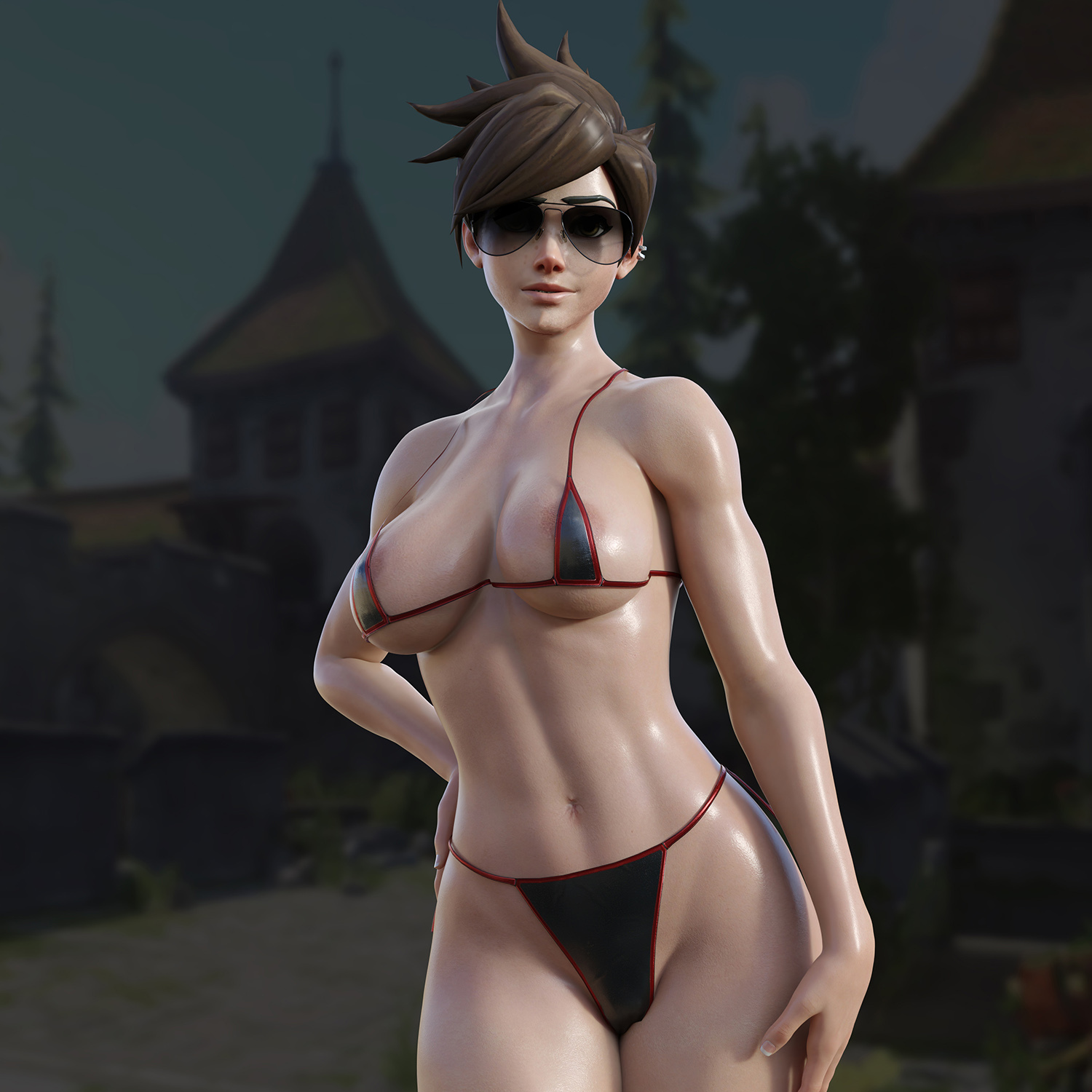 1girls, 3d, alternate costume, aviator sunglasses, breasts, brown hair, female, female only, nordfantasy, overwatch, short hair, solo, sunglasses, swimsuit, tinted eyewear, tracer