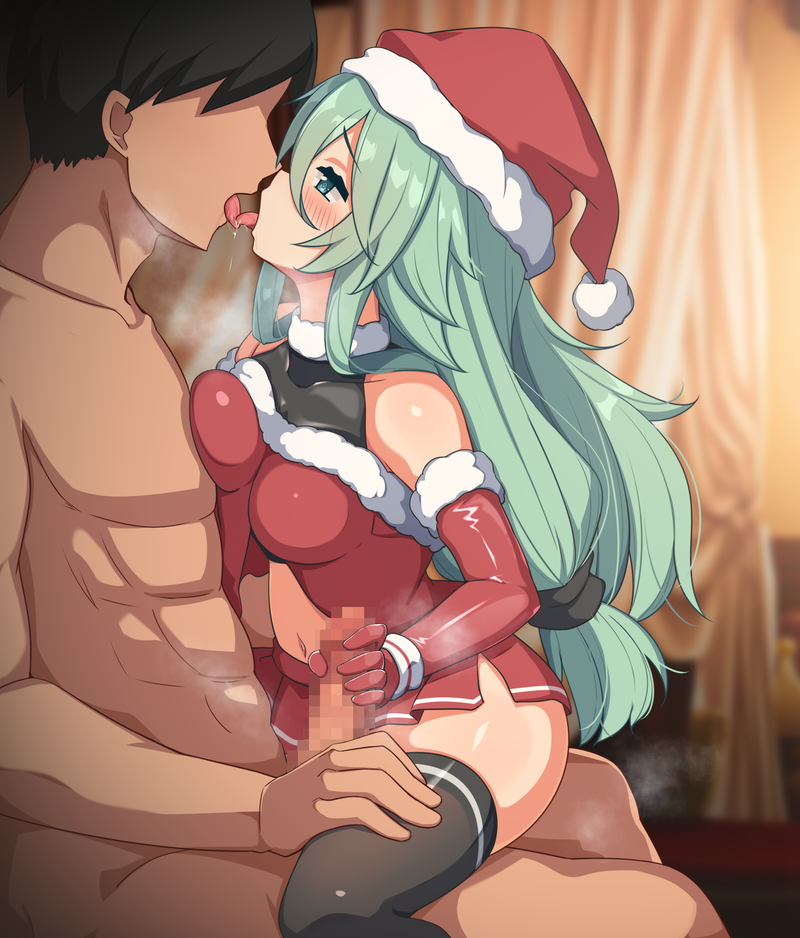 1boy admiral_(kantai_collection) after_kiss alternate_costume alternate_hairstyle bangs black_legwear blush breasts censored christmas commentary_request dress elbow_gloves female french_kiss fur-trimmed_dress fur_trim gloved_handjob gloves green_eyes green_hair hair_between_eyes hair_flaps handjob hat kantai_collection kissing kurokoshou_(emuburemu123) latex latex_gloves long_hair microskirt mosaic_censoring nude parted_bangs penis pleated_skirt ponytail red_gloves red_skirt saliva santa_costume santa_hat shiny shiny_clothes sidelocks skirt straight thighhighs yamakaze_(kantai_collection)