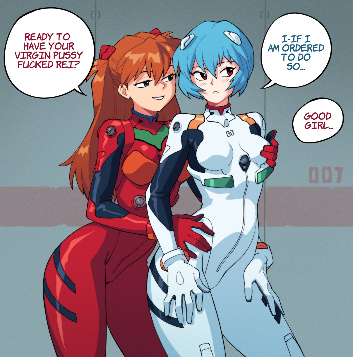 2girls asuka_langley_sohryu blue_hair blush bodysuit breast_grab breasts clothing curvy female gainax human light-skinned_female light_skin long_hair multiple_girls neon_genesis_evangelion orange_hair pale-skinned_female pale_skin pilot_suit plugsuit rei_ayanami short_hair small_breasts speech_bubble suoiresnu text wide_hips yuri