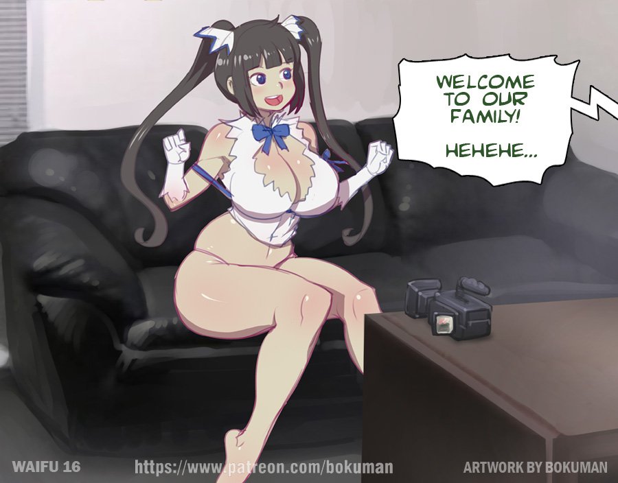1girls, bokuman, boots, breasts, casting couch, dungeon ni deai wo motomeru no wa machigatteiru darou ka, english text, female, female only, hestia (danmachi), large breasts, solo, text