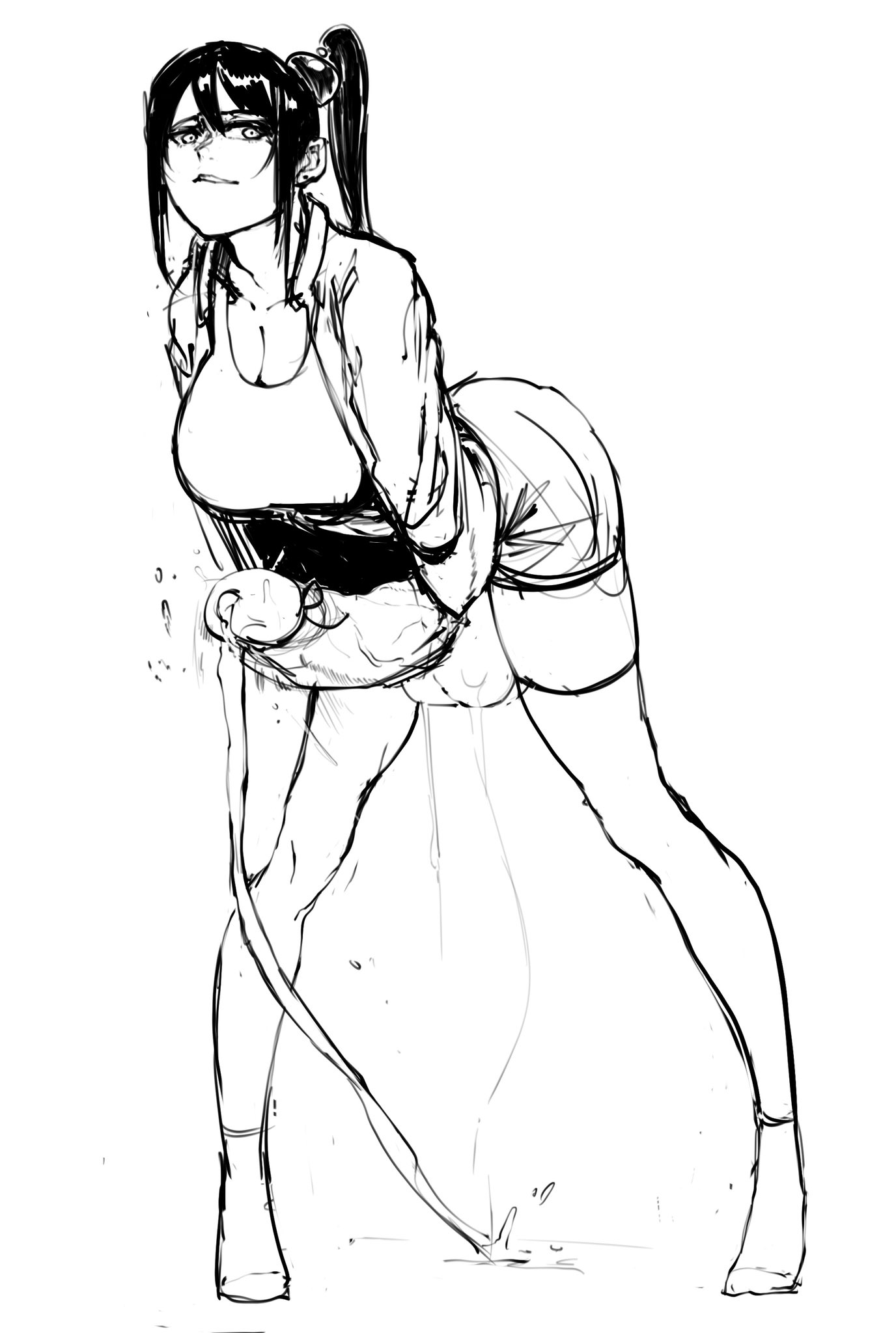 1futa, balls, bent over, big balls, big breasts, black hair, blazered00, breasts, clothed, clothing, erection, futa only, futanari, huge cock, human, intersex, jacket, leaning forward, monochrome, mostly clothed, penis, ponytail, precum, precum string, short hair, sketch, solo, standing