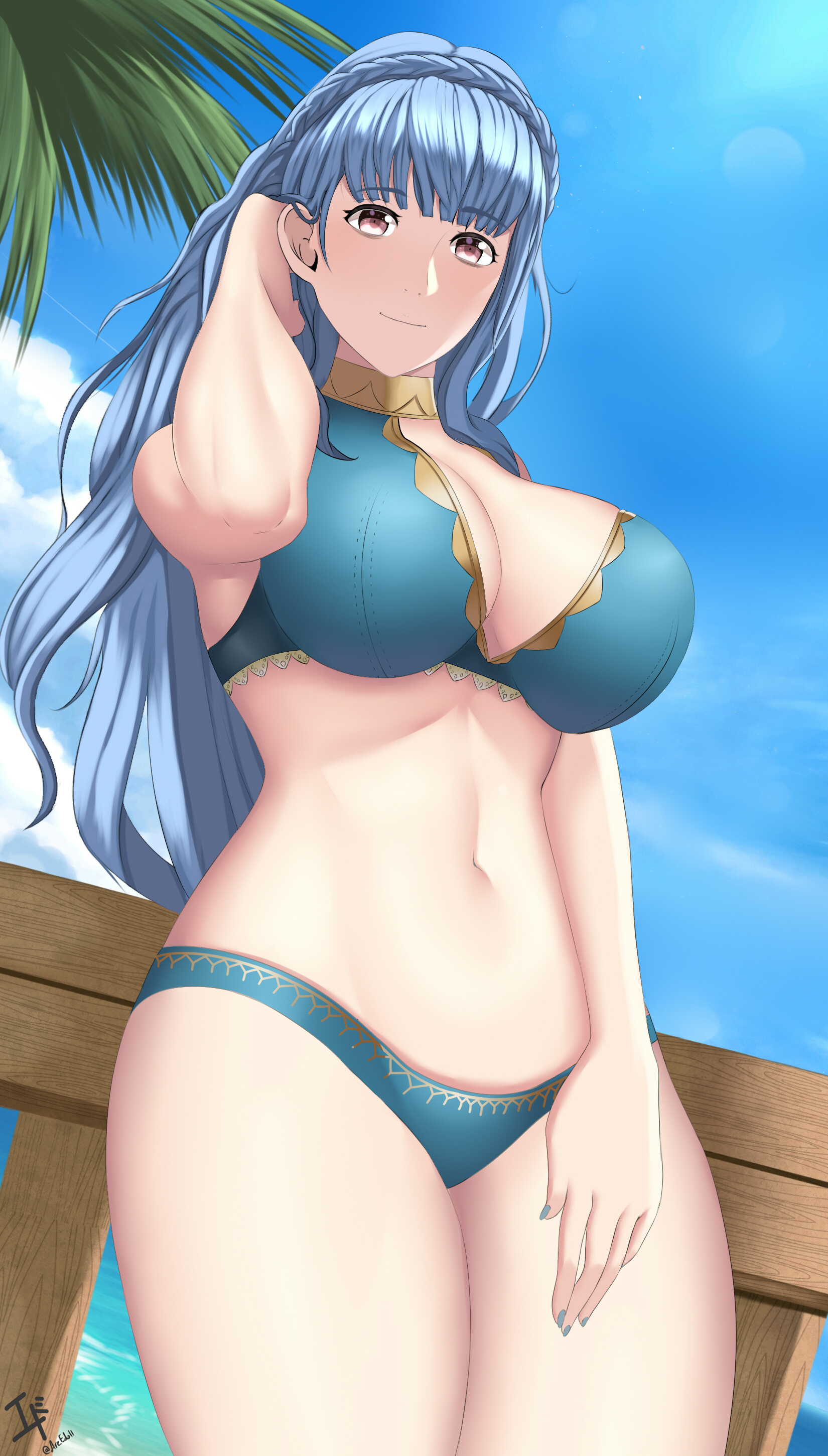 1girls, adjusting hair, alternate costume, alternate hairstyle, arcedo, bangs, bare thighs, bikini, blue bikini, blue hair, blue nails, blue swimsuit, breasts, brown eyes, cleavage, commission, female, fire emblem, fire emblem heroes, fire emblem: three houses, from below, hair down, large breasts, light blue hair, long hair, looking at viewer, looking down, marianne von edmund, marianne von edmund (summer), nail polish, nintendo, official alternate costume, smile, solo, swimsuit, thick thighs, thighs