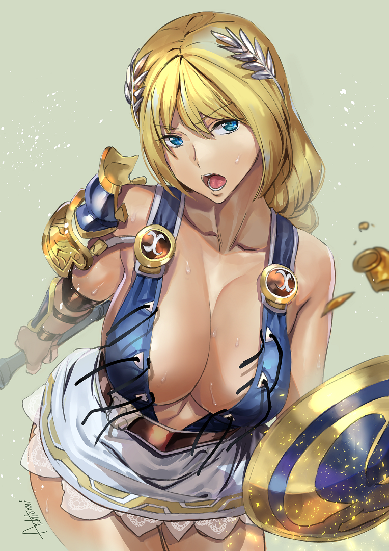 1girls armor ashiomi_masato blonde_hair blue_eyes breasts cleavage female long_hair looking_at_viewer milf open_mouth shield silf solo sophitia_alexandra soul_calibur soul_calibur_ii soul_calibur_iii sweat weapon