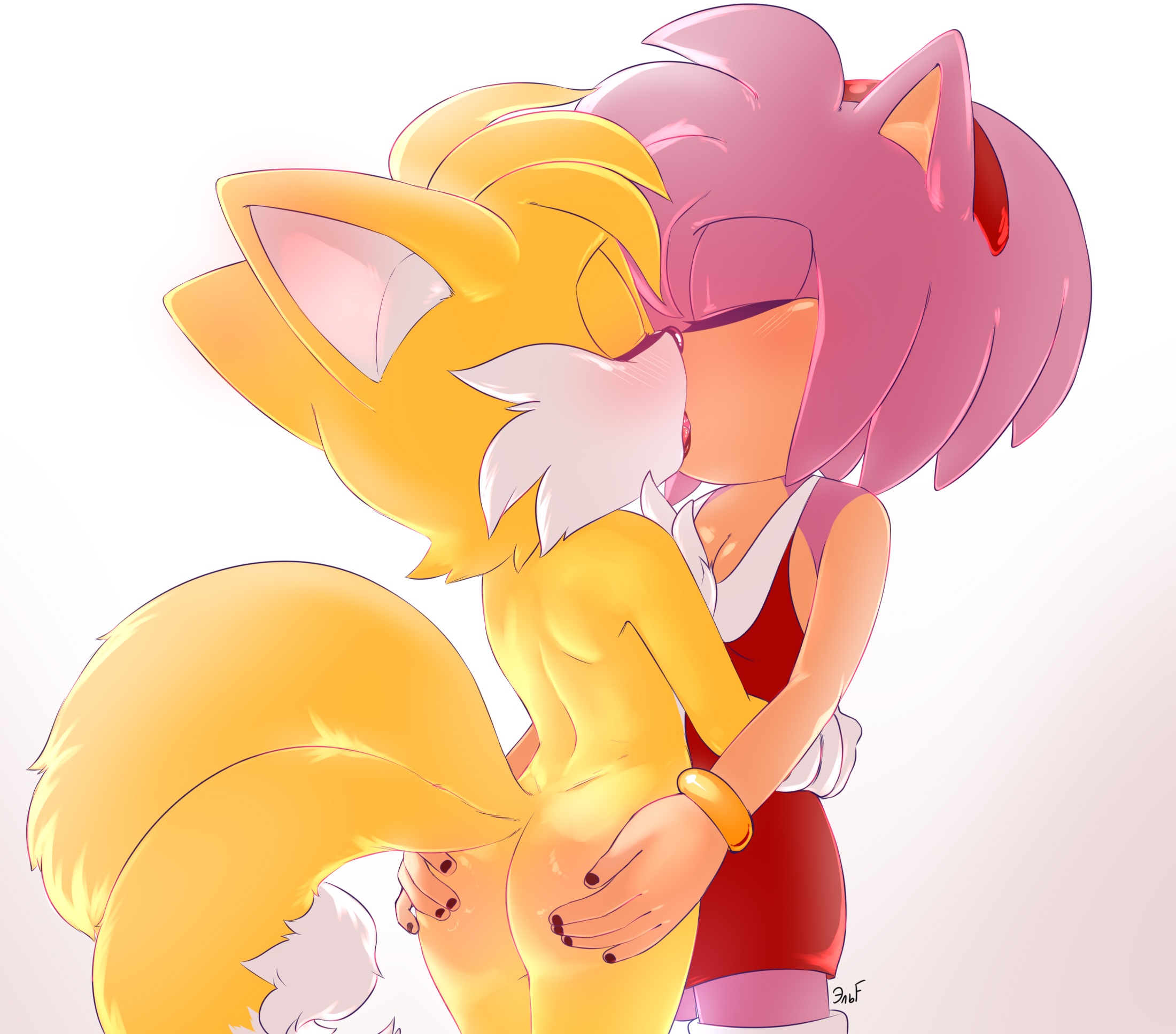 1boy, 1girls, 2 tails, 2020, 5 fingers, accessory, aged up, amy rose, anthro, ass, ass grab, blush, bracelet, breasts, butt grab, canid, canine, cleavage, closed eyes, clothed, clothing, dipstick tail, dress, duo, eulipotyphlan, female, female anthro, femboy, femboy on female, fingers, fox, girly, hair, hair accessory, hairband, hand on ass, hand on butt, hedgehog, hi res, jewelry, kissing, krazyelf, male, male anthro, male/female, mammal, miles prower, multi tail, multicolored tail, older female, open mouth, pink hair, sega, short hair, sonic (series), sonic the hedgehog (series), tails, tails the fox, tongue, tongue out, twink, wholesome, younger male