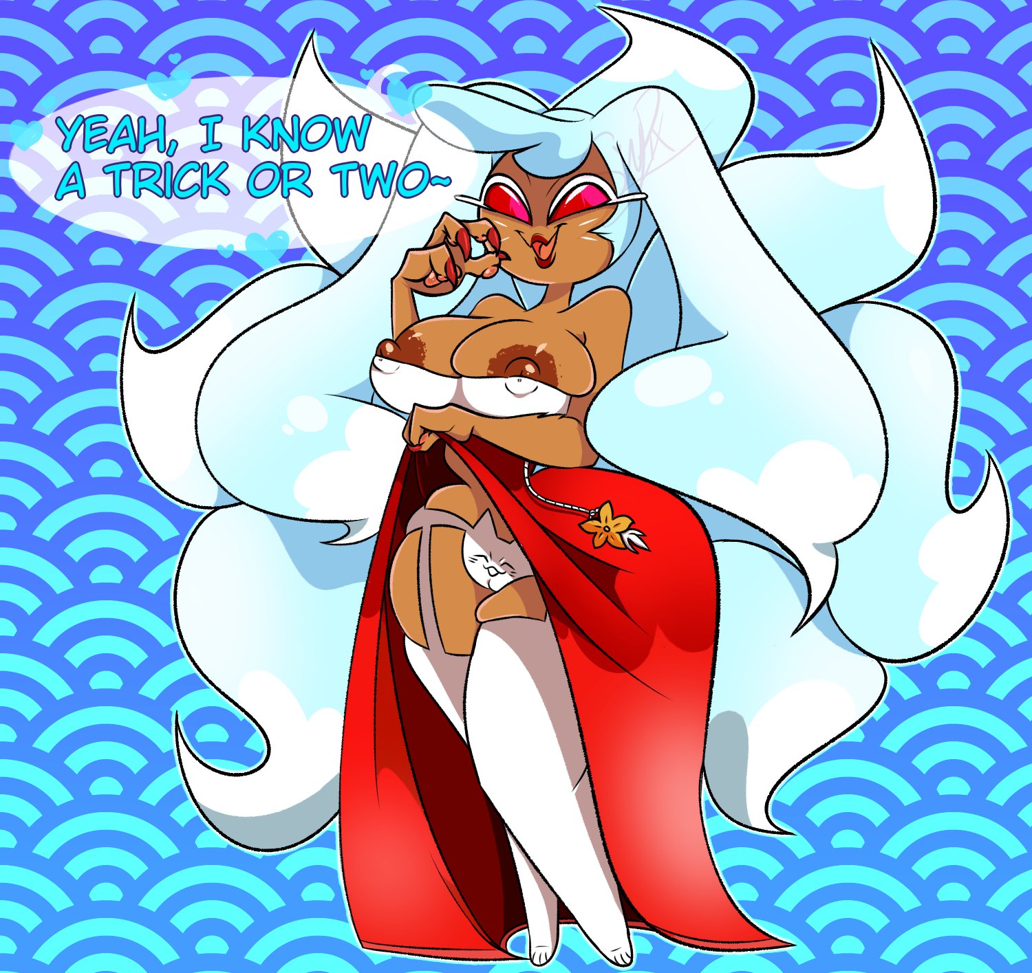 1girls, breasts, cleavage, clothed, clothing, cookie run, dark nipples, dark skin, dark-skinned female, english text, exposed panties, female, female focus, female only, hourglass figure, huge breasts, kumiho cookie, long hair, looking at viewer, nipple slip, pixelzsinful, red eyes, solo, solo female, thick thighs, wide hips