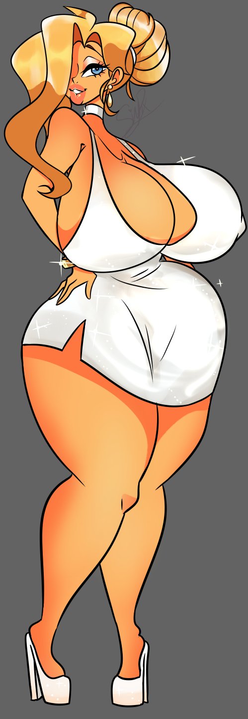 1girls, bimbo, bimbo lips, blonde hair, blue eyes, breasts, cleavage, clothed, clothing, daphne (babie fluff), dress, female, female only, hair bun, hair over one eye, hourglass figure, huge breasts, human, light skin, light-skinned female, pixelzsinful, shiny dress, white dress, wide hips
