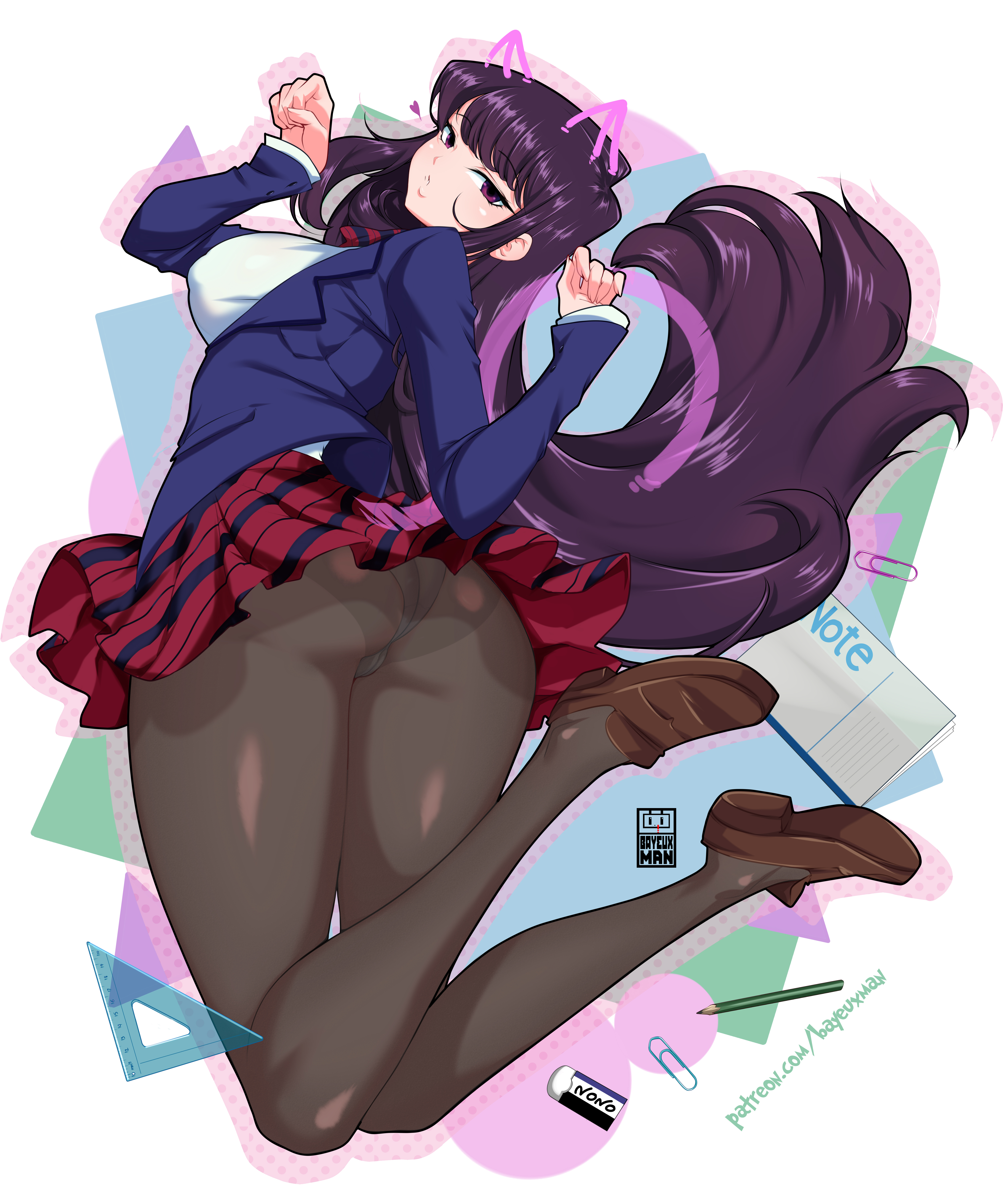 1girls, ass, bayeuxman, big ass, big breasts, breasts, eye contact, female, komi shouko, komi-san wa komyushou desu, large breasts, long hair, looking at viewer, panties, panties under pantyhose, pantyhose, skirt, thick thighs, tight clothing