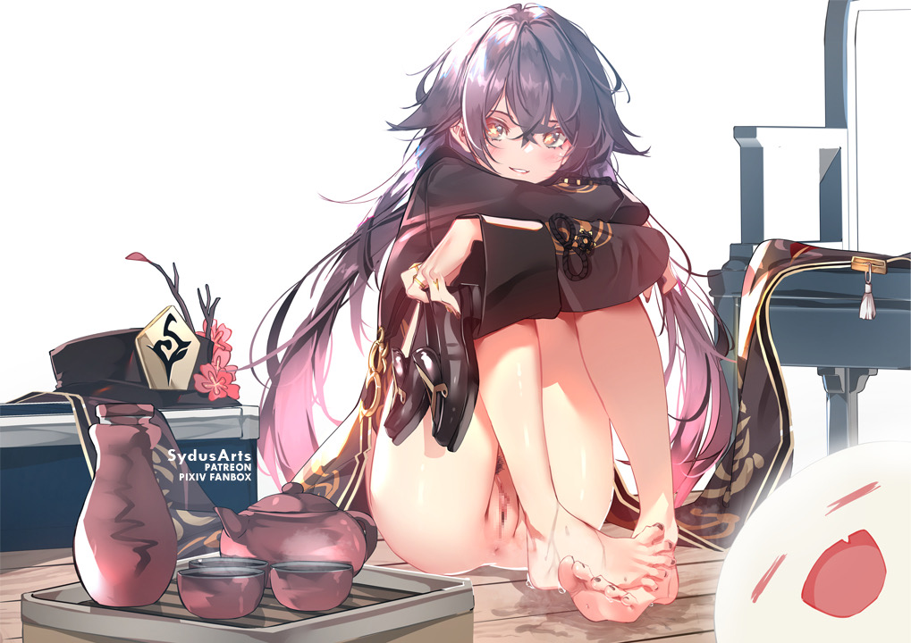 1girls, blush, brown hair, censored, female, genshin impact, hu tao (genshin impact), mosaic censoring, orange eyes, pussy, red eyes, sydus, thick thighs, thighs, vagina