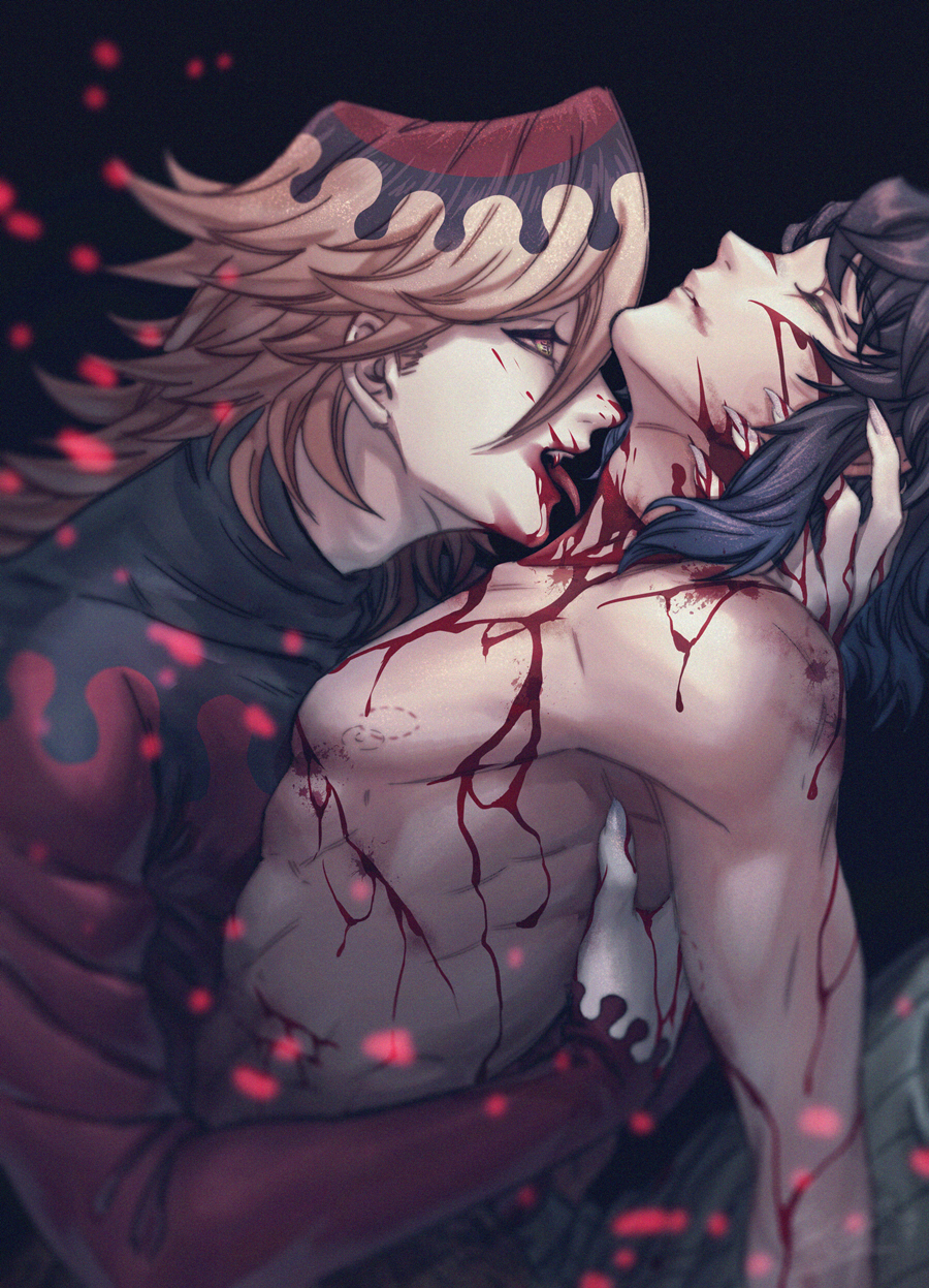 2boys, age difference, bite mark, black background, black hair, blonde hair, blood, closed eyes, clothed male nude male, demon, demon boy, demon slayer, detailed, douma, fangs, gore, guro, hand on another's head, holding head, inosuke hashibira, jiao mao, kimetsu no yaiba, light skin, light-skinned male, long hair, long-haired male, male, male only, multicolored hair, muscular, muscular male, pale skin, pale-skinned male, sexually suggestive, sharp fingernails, spiky hair, tongue, tongue out, topless male, yaoi
