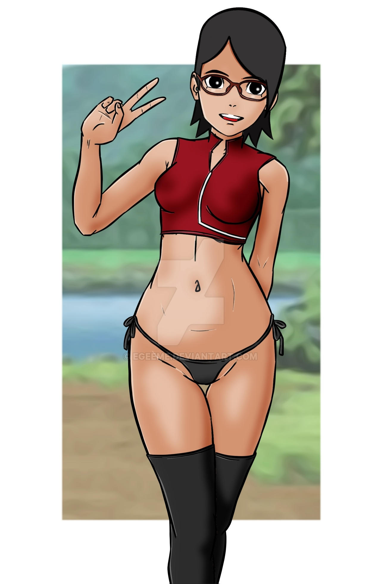 1girls, areolae, bimbo, black eyes, black hair, black legwear, black panties, black thong, boruto: naruto next generations, breasts, clothing, crop top, egeeme, erect nipples, erect nipples under clothes, female, female focus, female only, g-string, glasses, large areolae, legs, legs together, legwear, light skin, light-skinned female, long legs, looking at viewer, naruto, naruto (series), nature, nipple bulge, nipples, open mouth, outdoors, outside, panties, peace sign, perky breasts, petite, pinup, pose, posing, revealing clothes, sarada uchiha, short hair, shounen jump, sleeveless, sleeveless shirt, small breasts, smile, smiling, solo, solo female, solo focus, thighhighs, thong, underwear, v, voluptuous, wide hips