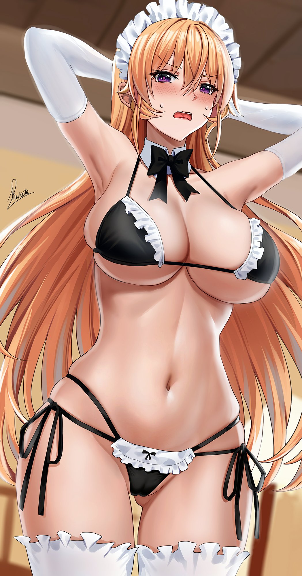 1girls, abs, absurd res, armpits, arms behind head, ass, ass visible through thighs, bangs, belly, big breasts, bikini, black panties, blonde hair, blonde-haired female, blush, bondage, breasts, cleavage, detailed background, female, femsub, gloves, hands behind head, hi res, highres, hips, huge breasts, large breasts, long hair, maid, maid headdress, midriff, nakiri erina, necktie, open mouth, piukute062, purple eyes, shokugeki no souma, solo, stockings, submissive, submissive female, sweat, thick ass, thick thighs, thighhighs, thighs, underboob, white gloves, wide hips