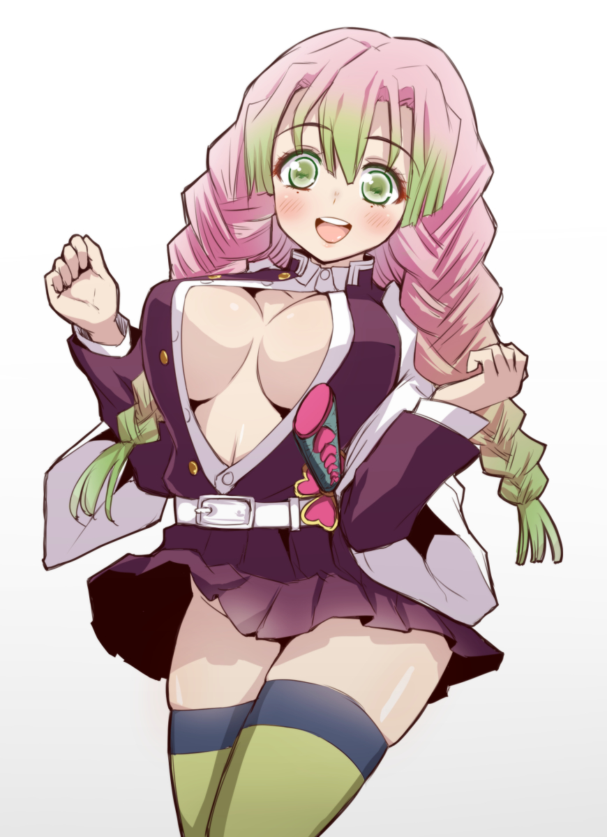 bangs big_breasts blush braided_hair cleavage clothing covered_nipples demon_slayer female female_only green_eyes haori kanroji_mitsuri kimetsu_no_yaiba long_hair looking_at_viewer miniskirt mole_under_eye no_bra open_mouth open_shirt pink_hair pleated_skirt revealing_clothes smile solo sword thick_thighs thighhighs tori_(minamopa) two_tone_hair uniform white_background zettai_ryouiki