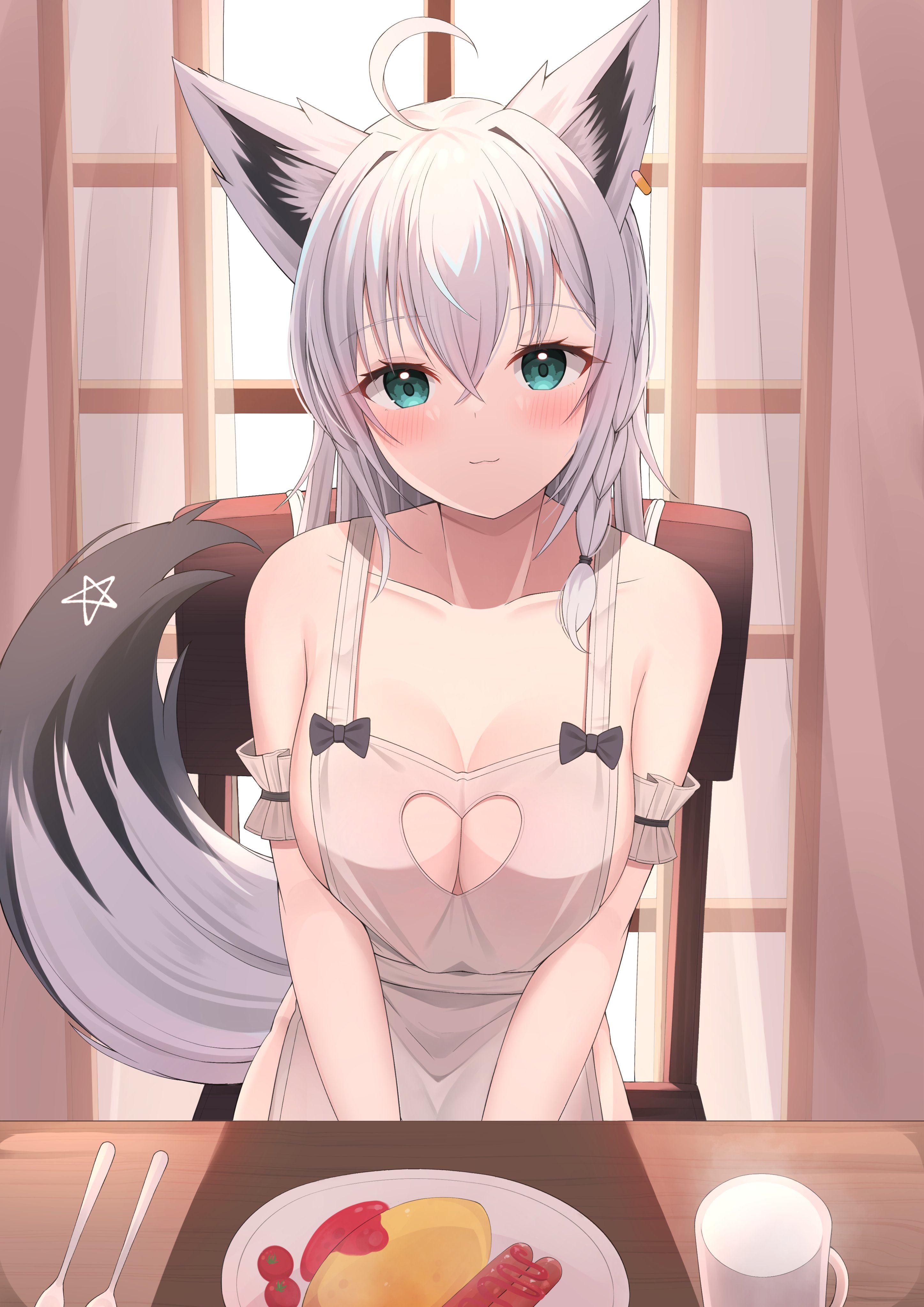 :3, animal ears, blue eyes, boob window, breakfast, breasts, cute, female, fox, fox ears, fox girl, fox tail, girlfriend, hololive, hololive gamers, hololive gen 1, hololive japan, kawaii, large breasts, pov, pov eye contact, shirakami fubuki, smile, starfox1015, virtual youtuber, white hair, wholesome