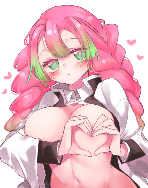 1girls, bangs, big breasts, blush, braided hair, breast squish, breasts, covered nipples, demon slayer, female, female only, green eyes, haori, heart hands, heart-shaped boob challenge, kanroji mitsuri, kimetsu no yaiba, long hair, long sleeves, mole under eye, no bra, open clothes, open shirt, pink hair, pink-haired female, solo, two-tone hair, uniform, upper body