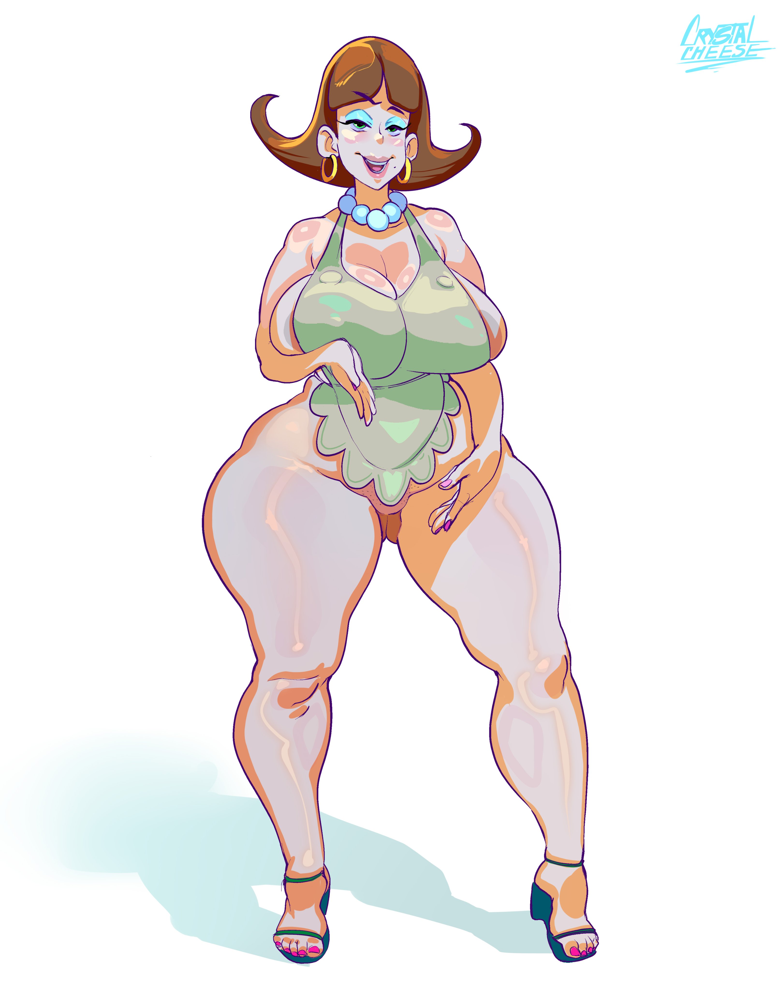 1girls, absurdres, apron, bimbo, brunette, crystalcheese, curvaceous, curvy, earrings, female, female only, heels, highres, hoop earrings, jimmy neutron boy genius, judy neutron, mature, mature female, milf, nickelodeon, pearl necklace, pussy, seductive, shaved pussy, solo, solo female, straight hair, thick thighs, toes, venus body, voluptuous, white background, white female, wide hips