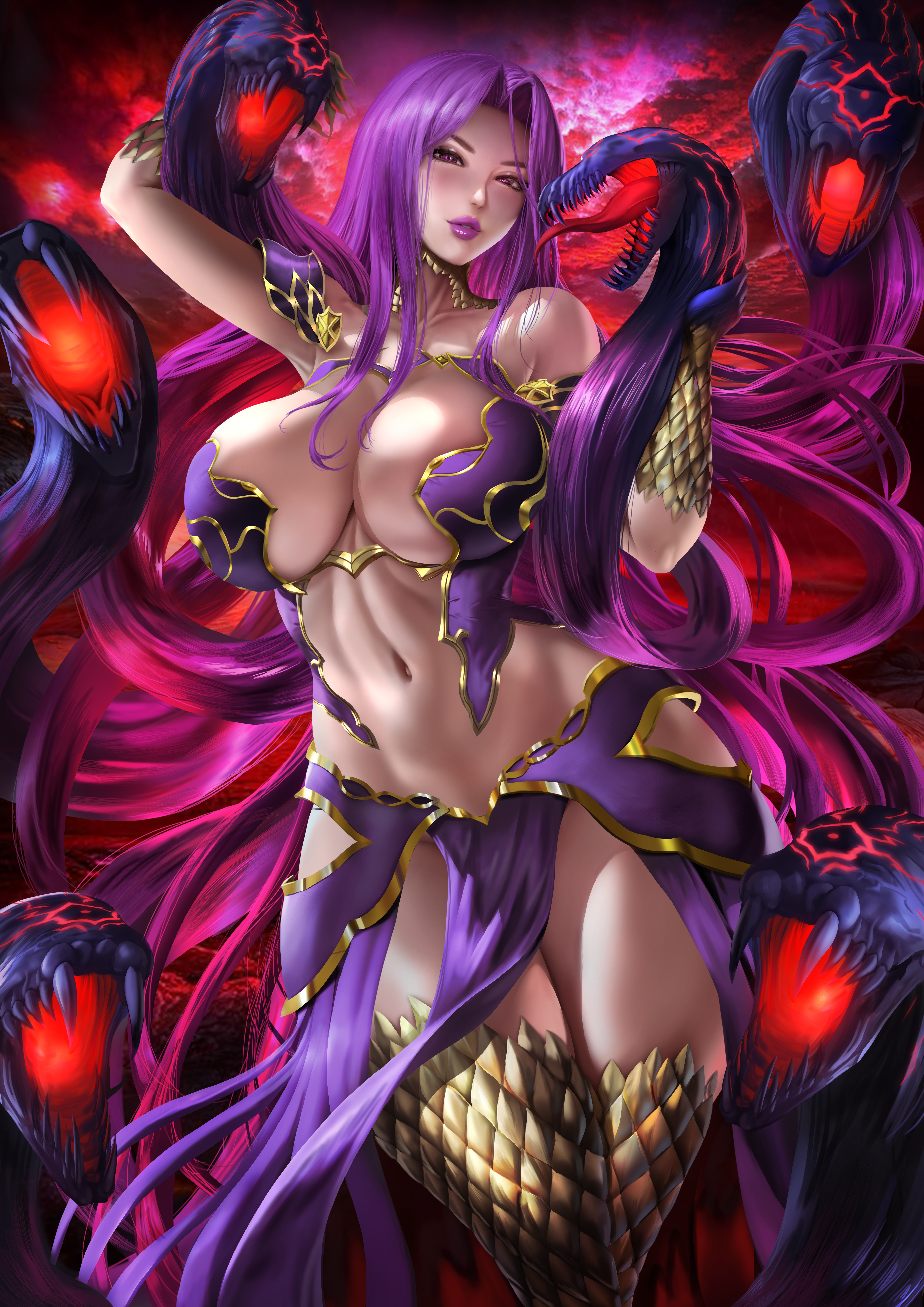1girls, abs, bare shoulders, big breasts, breasts, child bearing hips, claws, cleavage, clothed, clothing, dress, fate (series), fate/grand order, female, female focus, female only, fit, fit female, gloves, gorgon (fate), hips, large breasts, lexaiduer, long hair, looking at viewer, medusa (fate), midriff, monster girl, navel, open mouth, pointy teeth, purple hair, red eyes, scales, sharp teeth, skirt, snake, snake hair, solo, solo female, solo focus, thick thighs, thighhighs, thighs, toned, toned female, tongue, tongue out, very long hair, wide hips